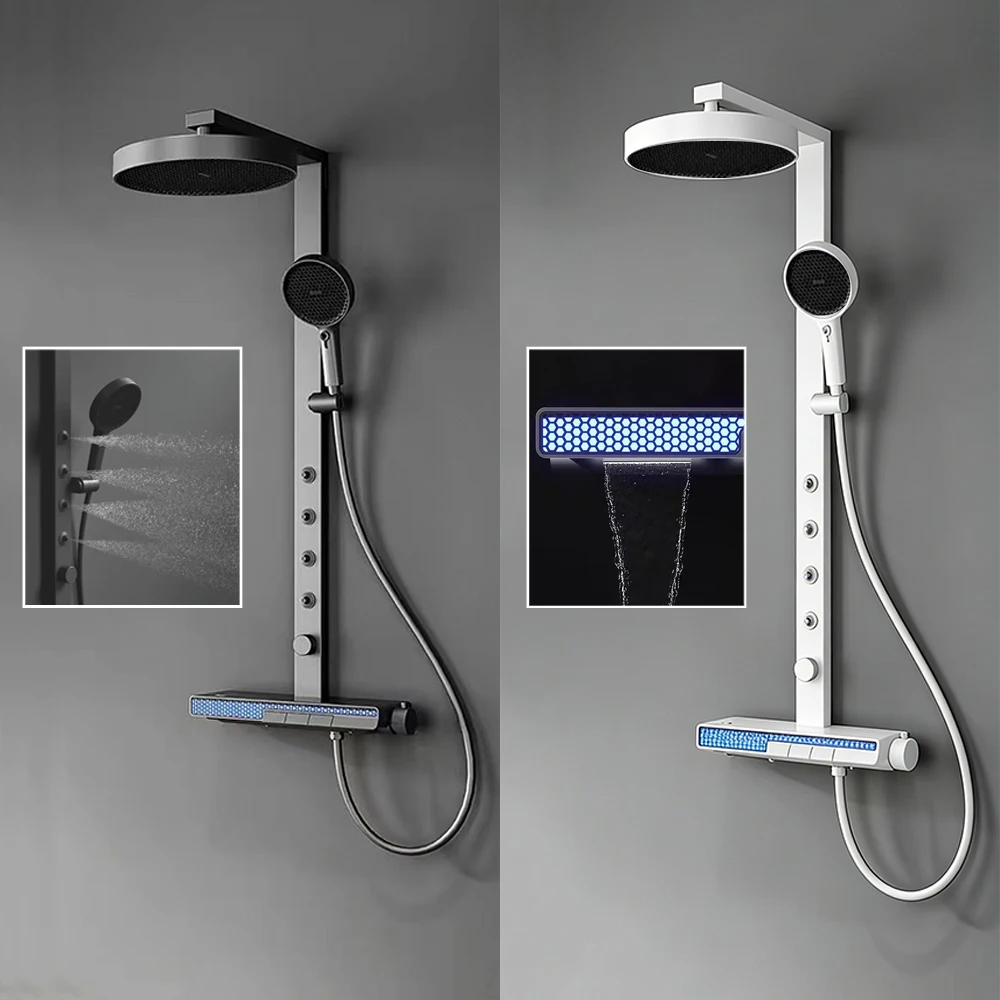 Moderne High-End SPA Massage Dusche Säule Wasserfall Badezimmer Dusche Wasserhahn Digital Display Badewanne Mischbatterie Regen Dusche Set duschsystem komplettset duschthermostat Mit Wasserfilter Grau
