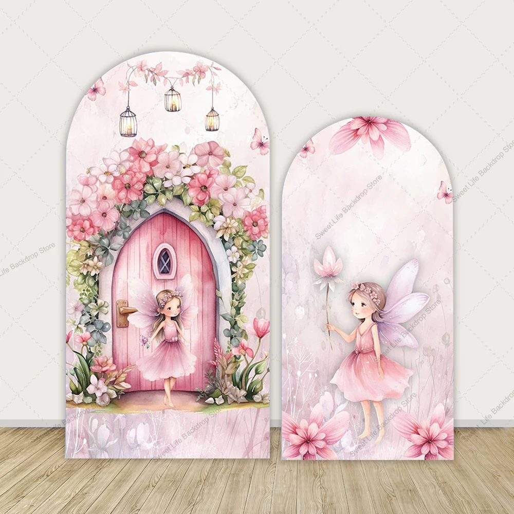 Fairy Woodhouse Arch Cover Backdrop Girls Birthday Baby Shower Pink Floral Butterfly Arch Background Party Decor Image