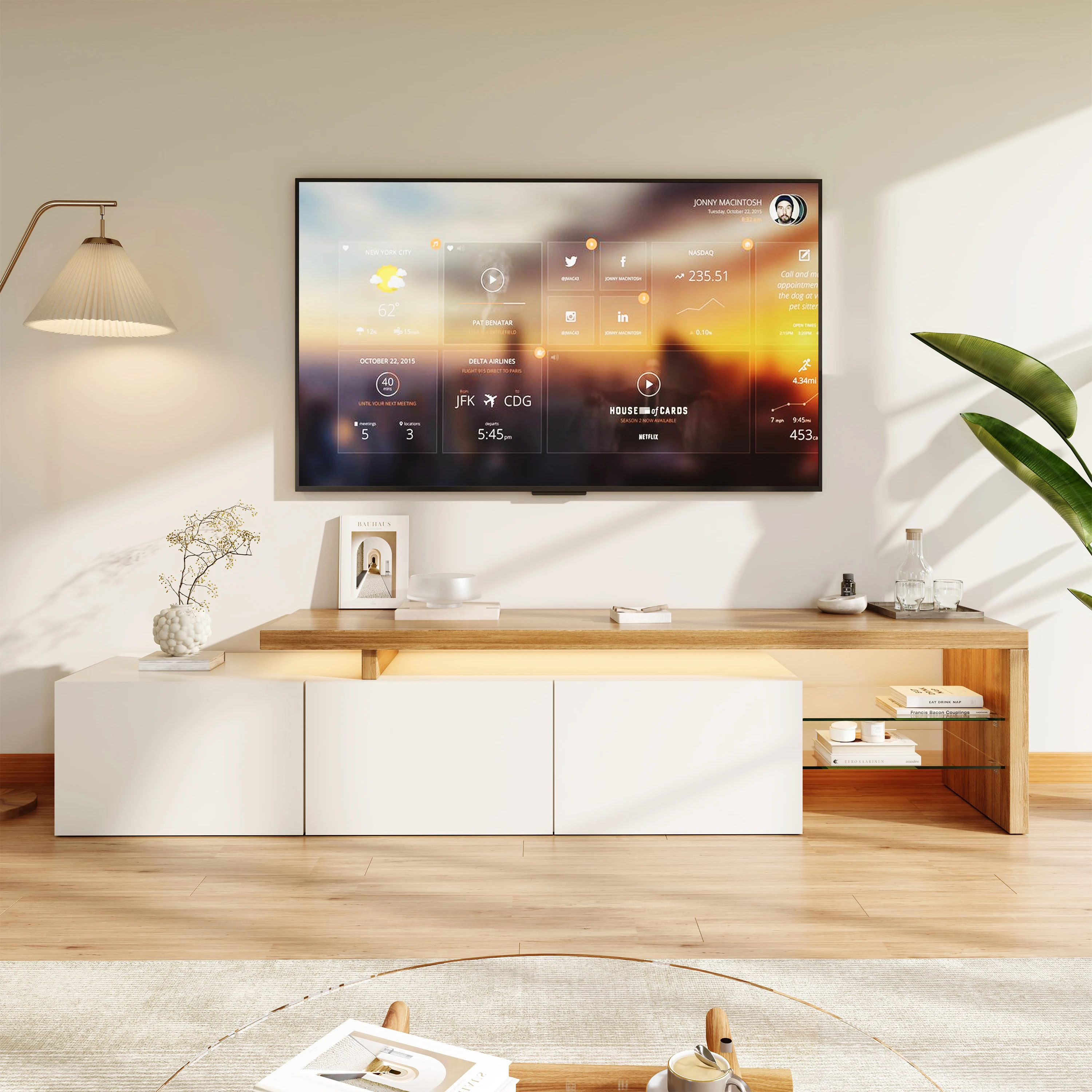 Meuble TV avec LED, Meuble Télé de Salon avec 3 Armoires, Rangement Ouvert, Meuble TV Bas Moderne, 200 x 39 x 42 cm, Blanc/Noir