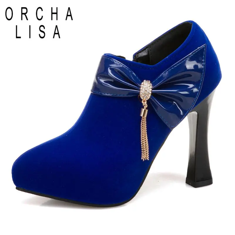 ORCHA LISA Sexy Frauen Pumpen Spitz High Heels 11 cm Flock Wildleder Bowknot Metall Dekoration Große Größe 48 49 50 Büro dame Schuhe