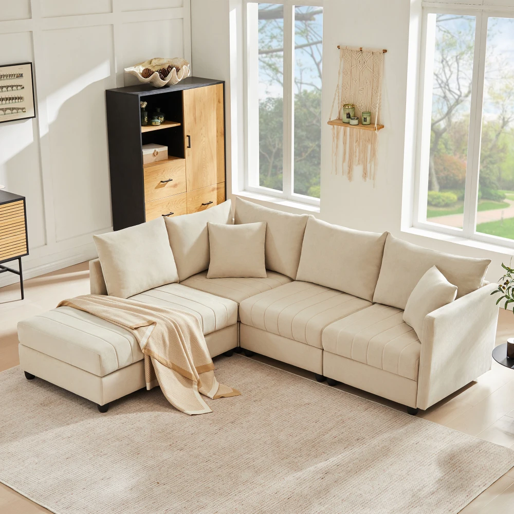 Modernes 5-Sitzer-Ecksofa mit vertikalen Streifen, modulares Sofa, mit umwandelbarem Sessel, L-förmiges Sofa, für das Wohnzimmer zu Hause Image