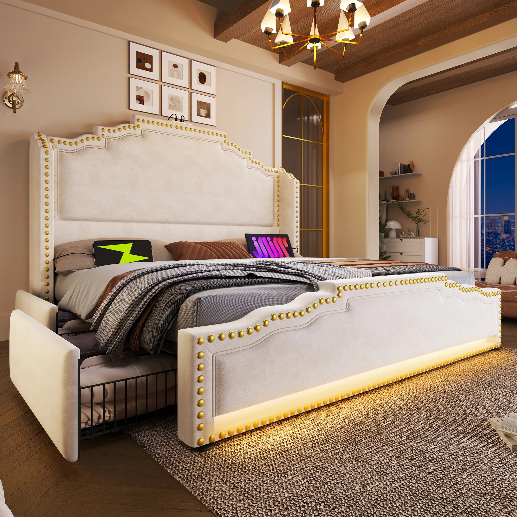 Polsterbett 140 x 200, Bett mit 4 Schubladen, Bett mit Stauraum und Jugendbett mit Lattenrost, Samt, Beige, ohne Matratze Image