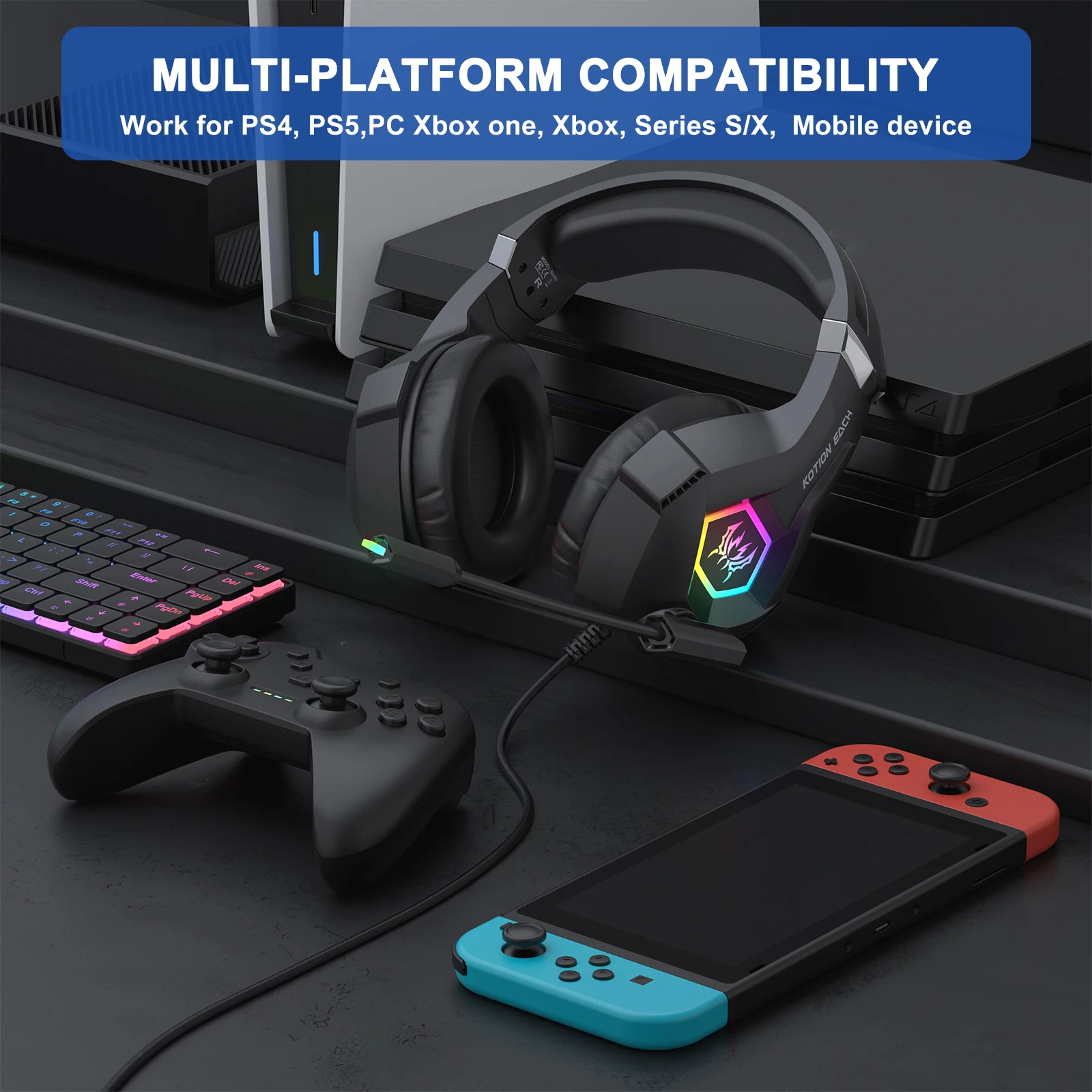 RGB-Gaming-Kopfhörer mit Mikrofon, Over-Ear-Kopfhörer, 3,5-mm-Surround-Sound, PC-Gaming-Headsets für PC, PS4, PS5, Xbox, Laptop, Mac Image