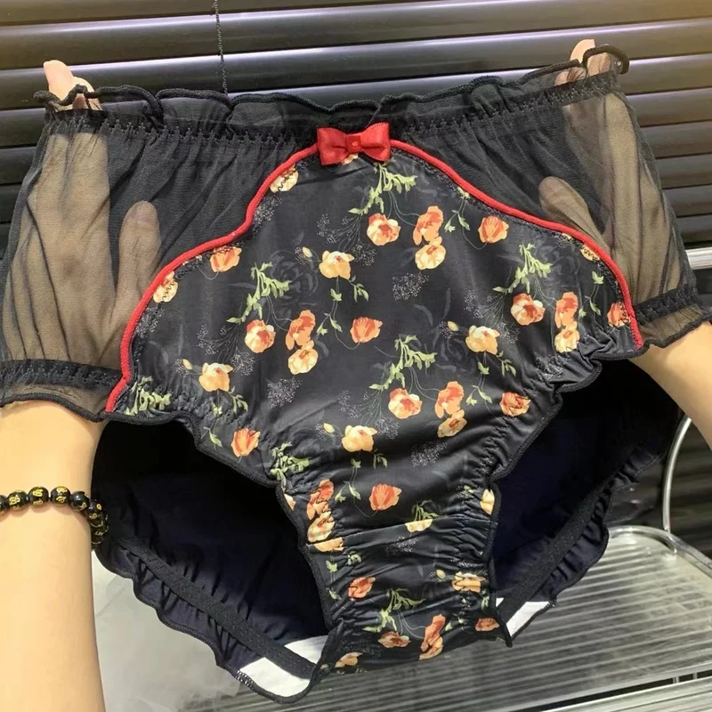 Plus Size Damen-Höschen mit hoher Taille, florale Spitze, Schleife, Satin-Unterwäsche, sexy Dreiecks-Slips für Frauen Image