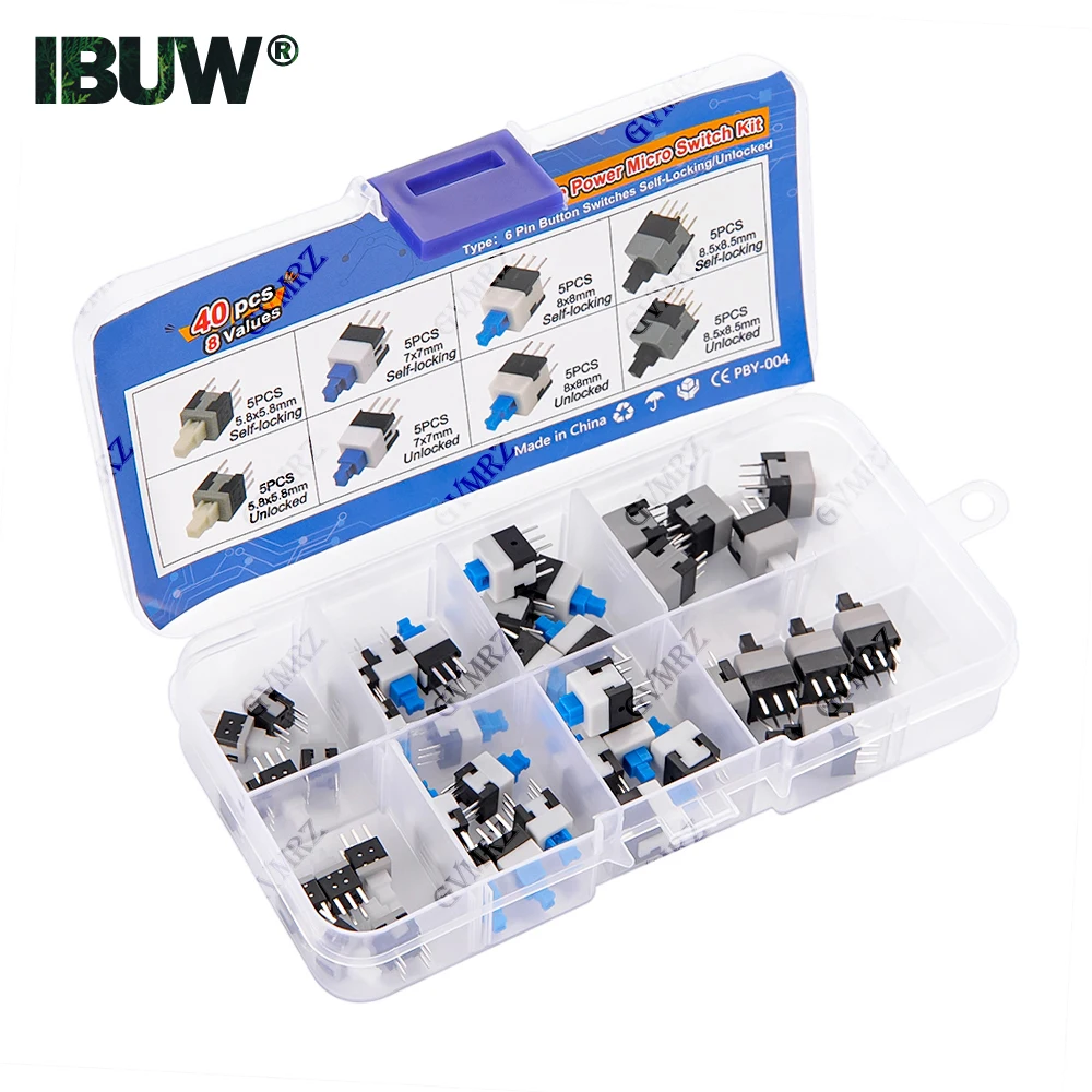 40PCS 8Werte Push Tactile Micro Switch Kit 6Pin Self-Locking/Unlocked für Elektronik DIY Projekte Image