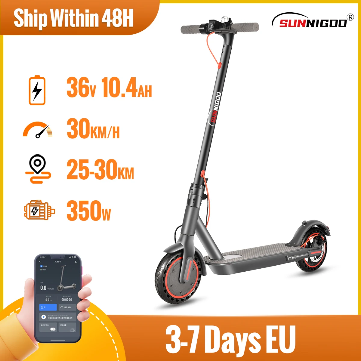 SUNNIGOO Elektroroller für Erwachsene, 36 V, 10,4 Ah, 350 W Motor, 30 km große Reichweite, 30 km/h, 8,5 Zoll Vollreifen, faltbarer Smart-APP-Escooter Image