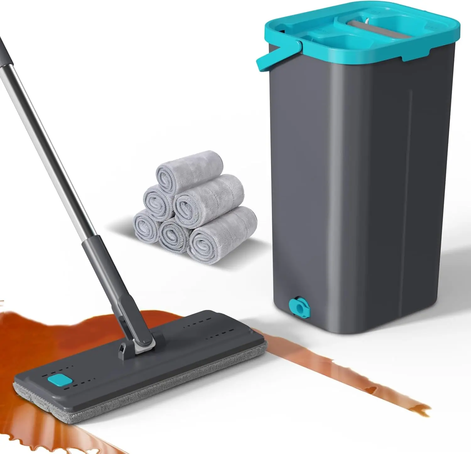 Wischmopp-Set mit Eimer, 2-in-1 Putzeimer mit Wischmop, Flatcher Bodenwischer mit 6 Mikrofaser-Wischpads Hand-Free Mopp Se Image