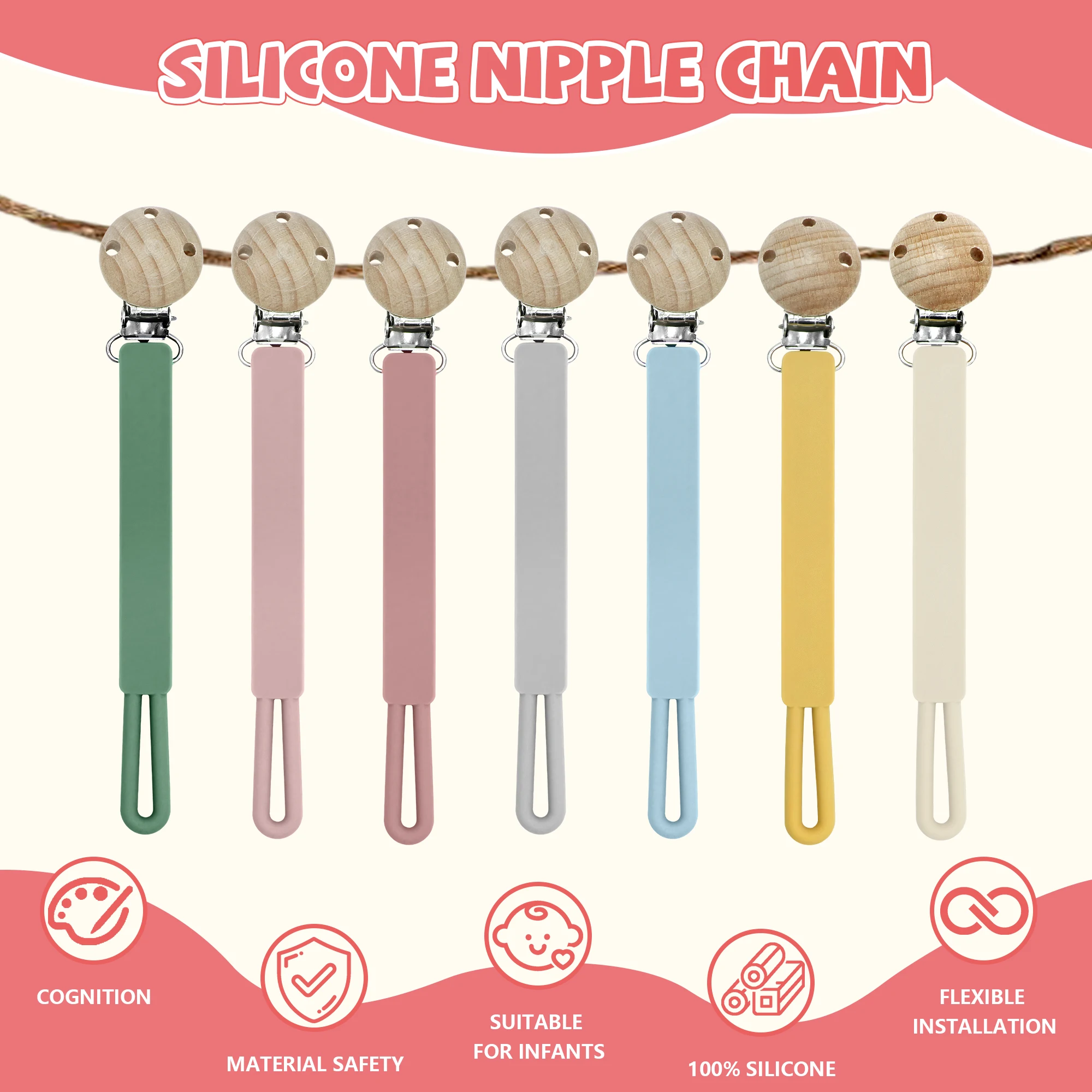 Minimalistischer Stil – rechteckige Anti-Drop-Kette/Schnullerkette aus Silikon, die Schnuller und Spielzeug in einer richtigen Position reparieren können.