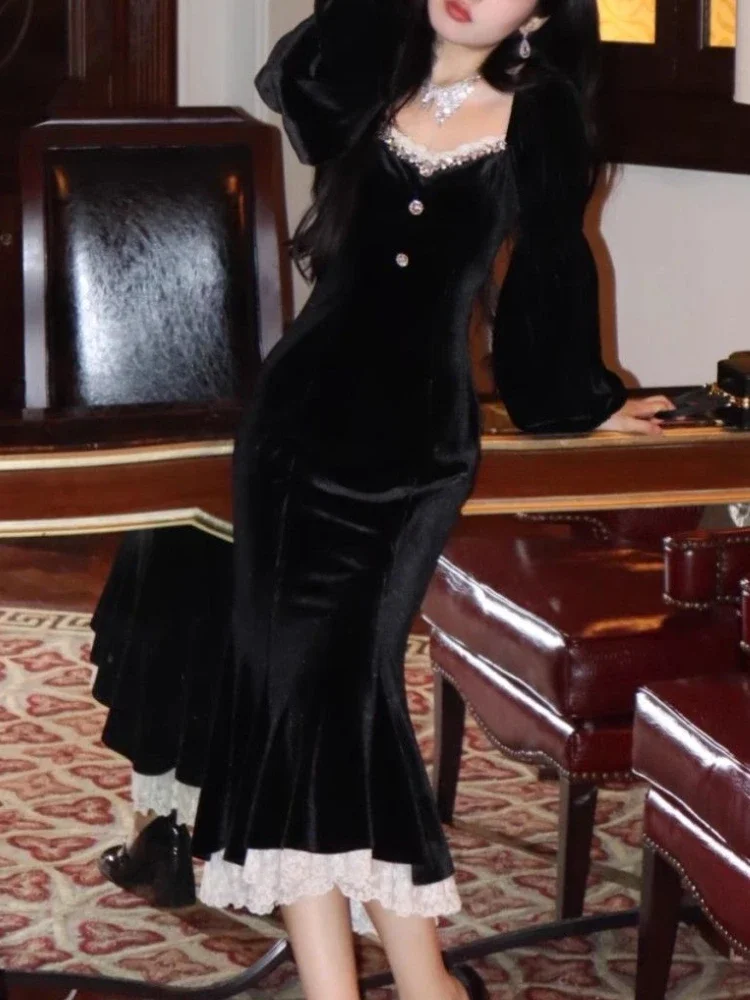 2025 Winter Schwarz Elegante Samt Midi Kleid Frauen Patchwork Spitze Vintage Meerjungfrau Kleid Weibliche Casual Koreanische Abend Party Kleid Image