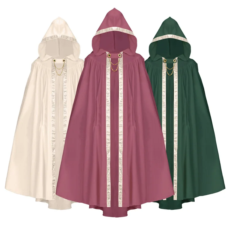 Grüner Herbst/Winter-Umhang aus mittelalterlichem Gothic-Wildleder mit Kapuze für Männer und Frauen, beige bestickter Umhang, Unisex, Einheitsgröße, passend für alle