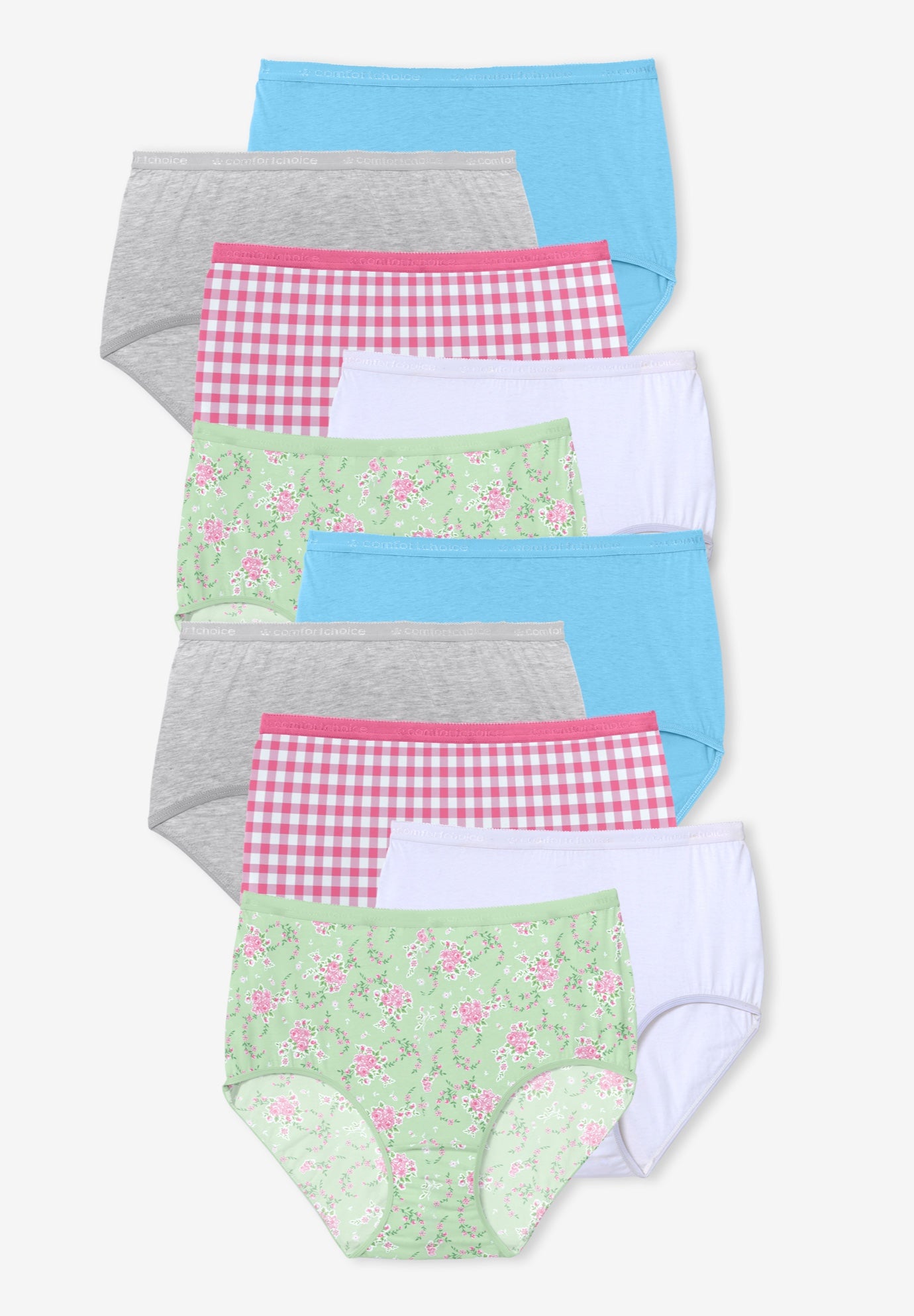 Plus Size Women's Full Coverage Cotton Brief 10-Pack by Comfort Choice in Pink Gingham Pack (Size 10) Underwear