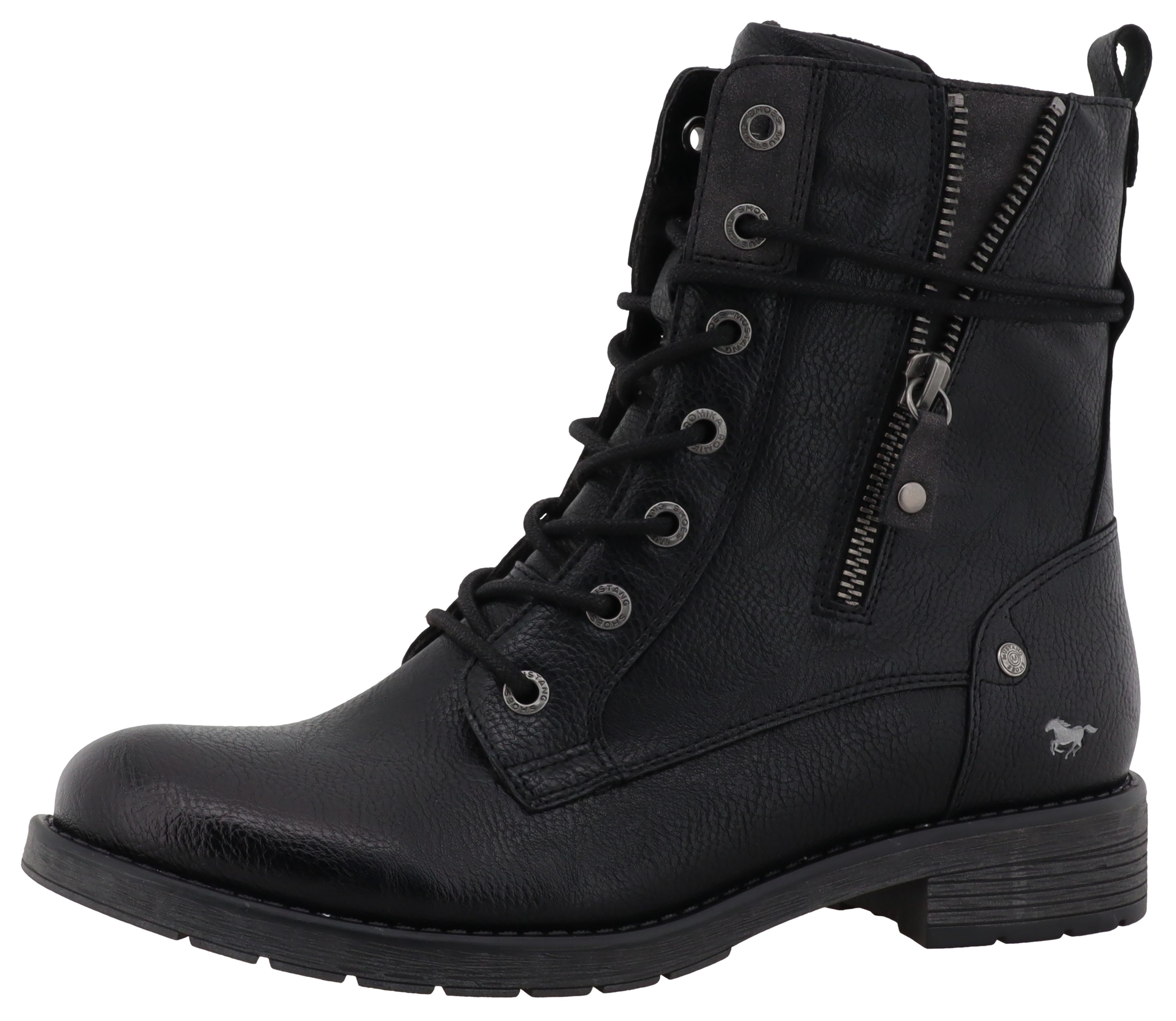Winterstiefelette MUSTANG SHOES "Elfi", Damen, Gr. 38, schwarz, Lederimitat, Schuhe Winterstiefelette, Winterstiefel mit Reißverschluss und markanter Schnürung, Topseller