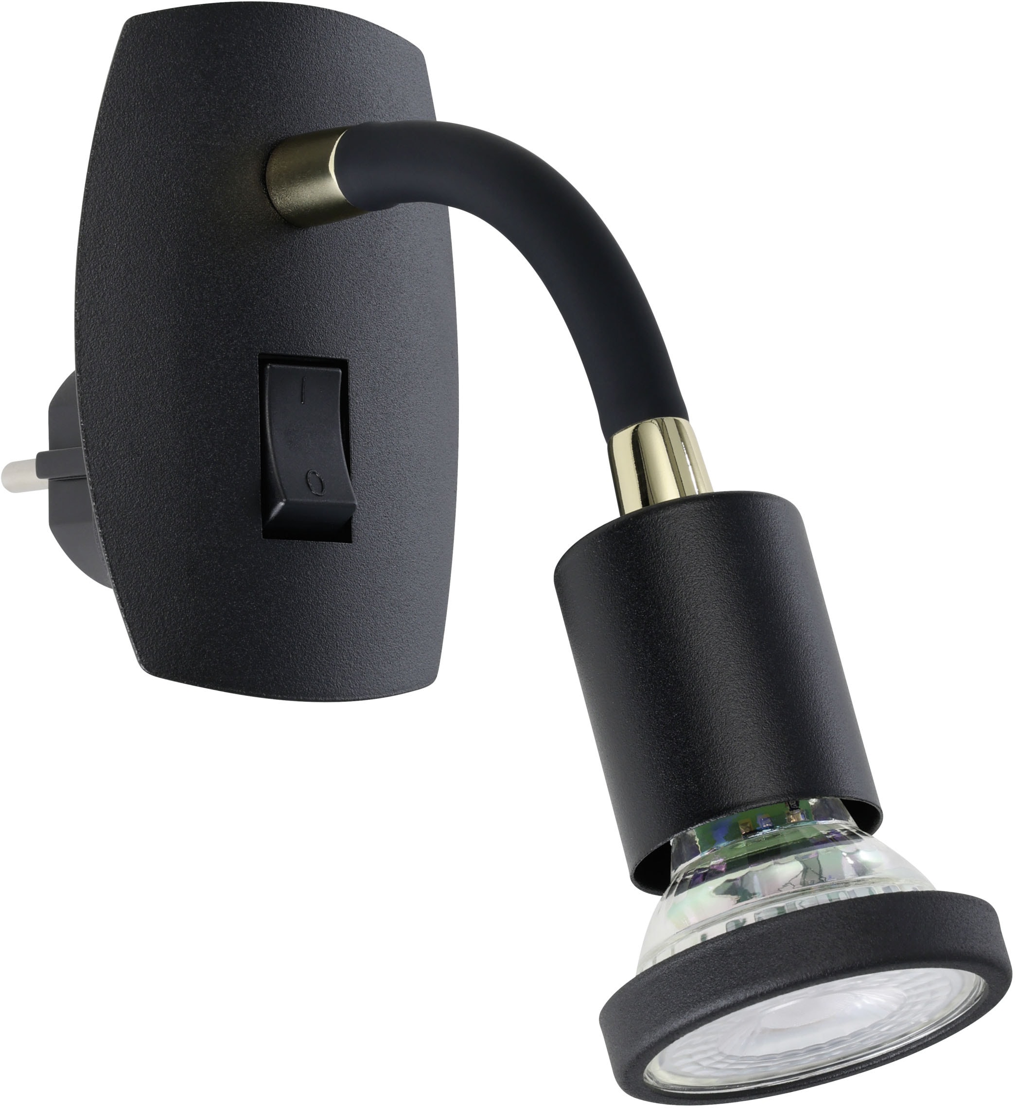 EGLO Steckdosenleuchte "PARRINI Steckerlampe - Stahl, Kunststoff - GU10 - 1X4,5W - IP20", schwarz, messing, 1, H: 10cm, 1 Stk., Leuchten, Steckdosenspot, Steckdosenstrahler, Schalfzimmerleuchte, L7xH10xAL18cm