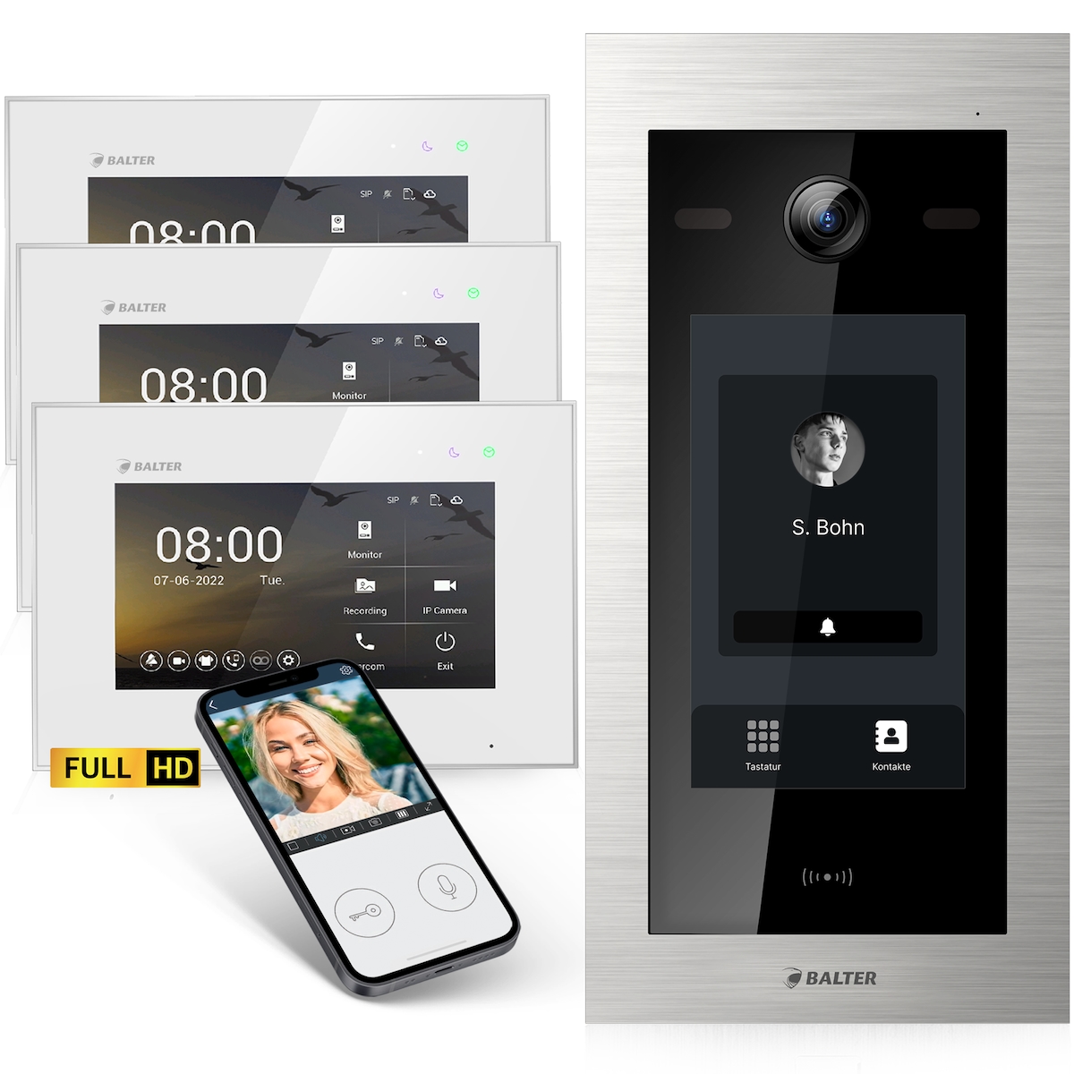 HD Video Türsprechanlage mit Touchscreen und RFID für 1 Familienhaus, 3x Monitore, Balter EVO HD Touch Image