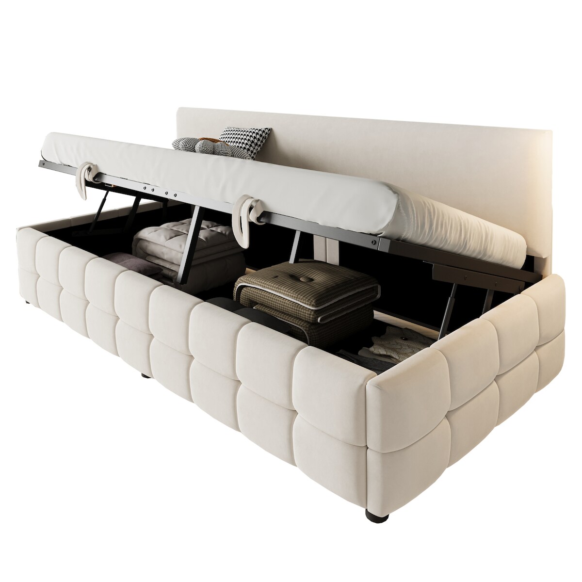 OKWISH Polsterbett 90x200 mit hydraulischem Bettkasten, Stauraumbett, Schlafsofa mit Lattenrost, Samtbett modern, platzsparendes Einzelbett, Beige Image