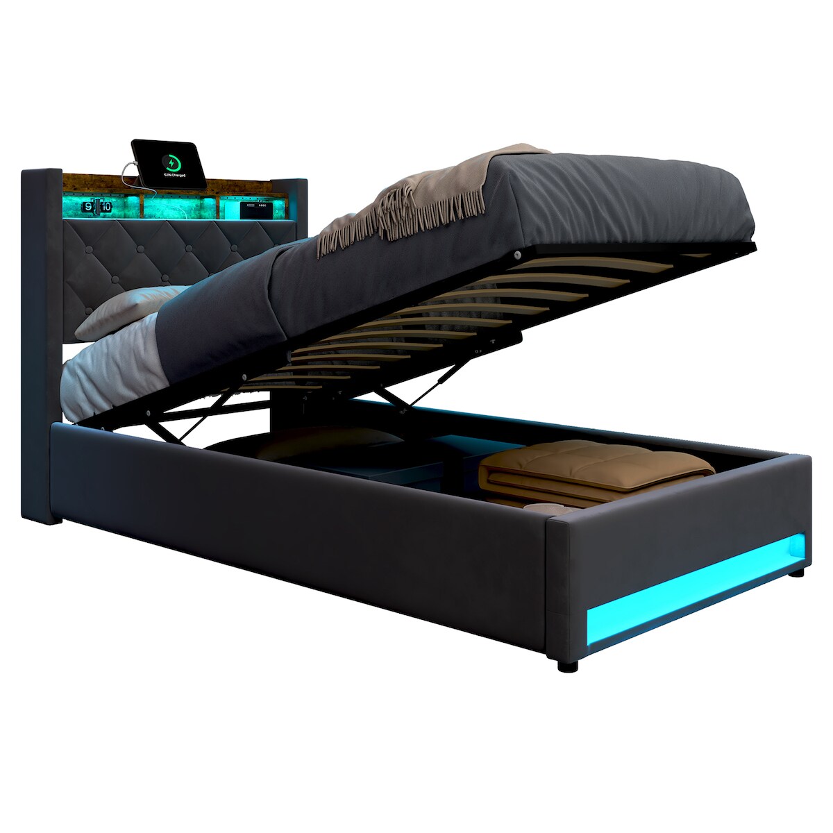 OKWISH Polsterbett 90x200 cm mit Stauraum, LED Beleuchtung und USB Ladefunktion, modernes Einzelbett mit stabilem Metallrahmen – Grau Image