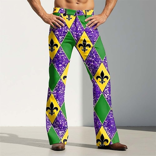 Mardi Gras Homme Plumes Carnaval Fleur de lys Pantalons Pantalon Disco Pantalons pattes d'éléphant des années 60 et 70 Taille Moyenne Vintage Rétro Soirée Fête Poches Latérales Pantalon à jambe évasée