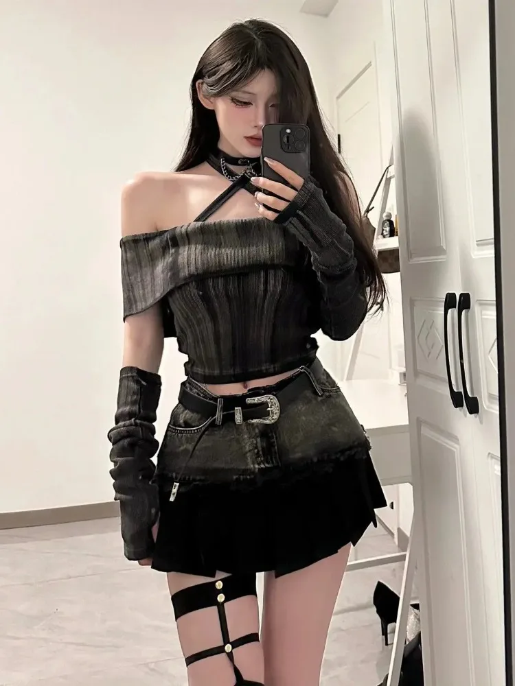 Sexy Off Schulter Kurzarm Frauen Schlank Retro Tops Spleißen Mini Rock Set Spicy Girl Zwei Stück Sets Outfits Sommer Neue 2025 Image
