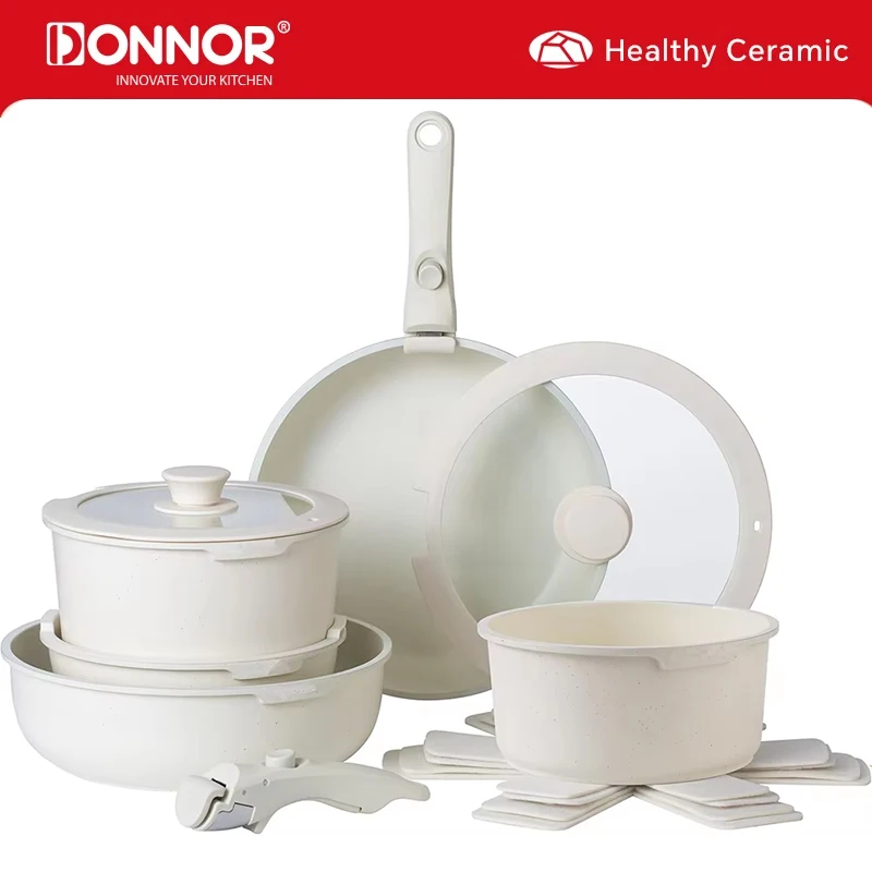 DONNOR 17-teiliges Töpfe- und Pfannenset, antihaftbeschichtetes Kochgeschirr-Set mit abnehmbarem Griff, Induktionsküchen-Kochgeschirr-Set, Bratpfannen-Set JT271 Image