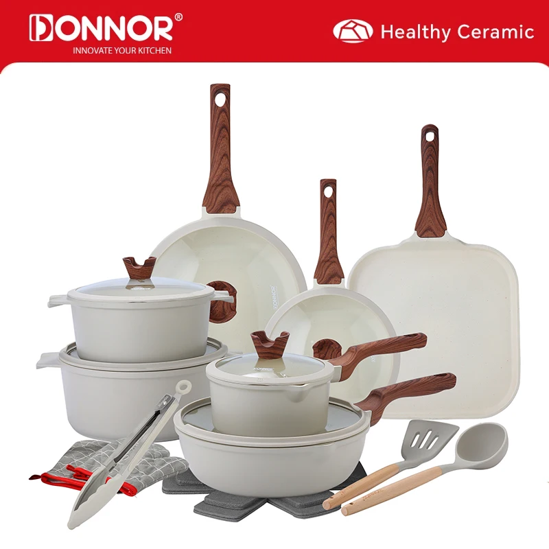 DONNOR 21-teiliges Keramik-Kochgeschirr-Set, antihaftbeschichtete Töpfe und Pfannen-Set, Küchen-Kochset mit Utensilien und Pfannenschutz JT529 Image
