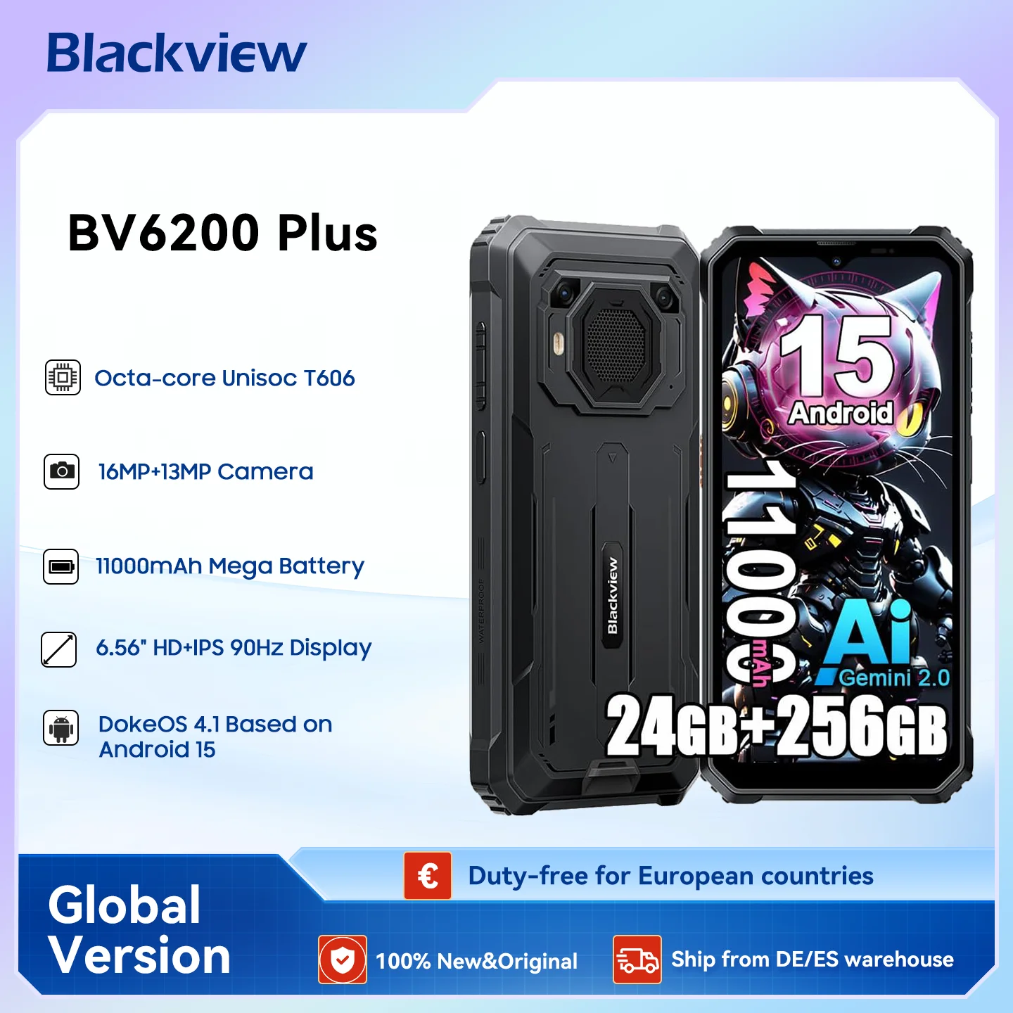 Smartphone robuste Blackview BV6200 Plus, Octa Core T606, 8 Go + 256 Go, Android 15, téléphone mobile d'extérieur, 6,56 pouces 90 Hz, 11000 mAh