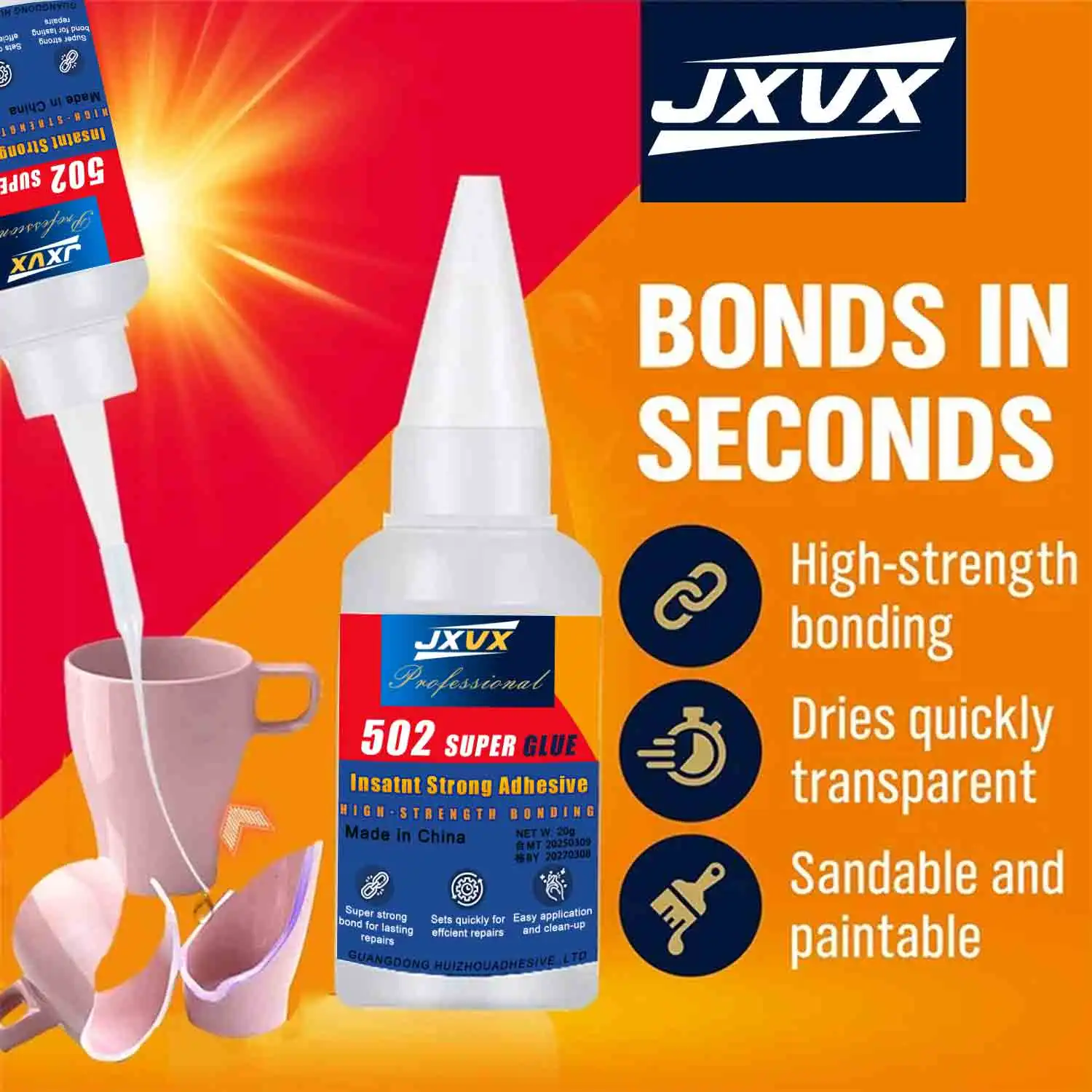 0,7 Unzen hochfester 502-Superkleber, Sofortkleber, hochtemperaturbeständiger Kleber für Metall, Kunststoff, PVC, starker Flüssigkleber Image