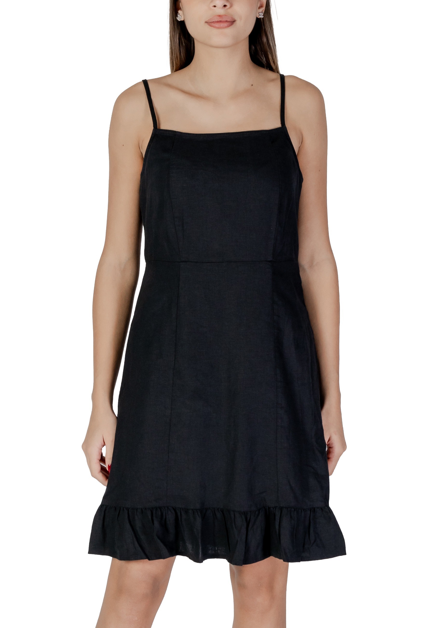 Schwarzes Mini-Kleid Ärmellos Rechteckiger Ausschnitt Rüschendetails