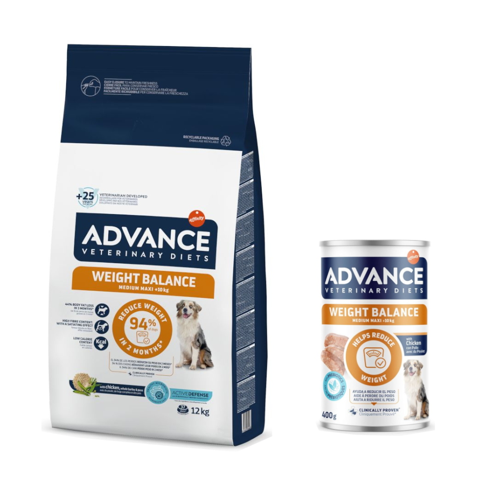12 kg Advance Veterinary Diets Crocchette per cane + 2 x 400 g Cibo umido gratis! - 12 kg Weight Balance Medium/Maxi + 2 x 400 g Weight Balance Medium/Maxi