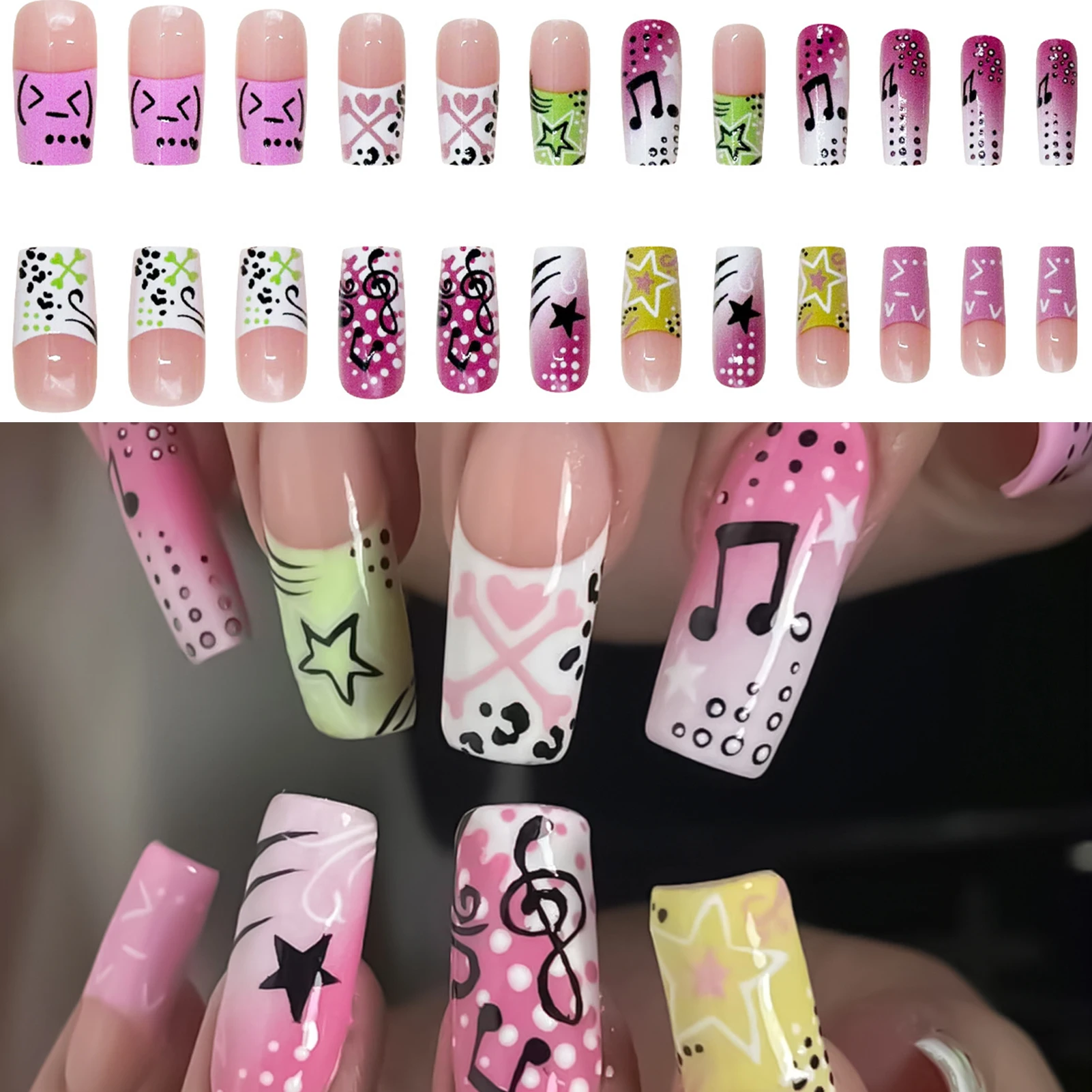 24 Stück Y2K Mädchen-Stil Künstliche Nägel Musiknote Sternmuster Langer Sarg Falsche Nägel Tragbare würzige Mädchen Ballett Press on Nails Image