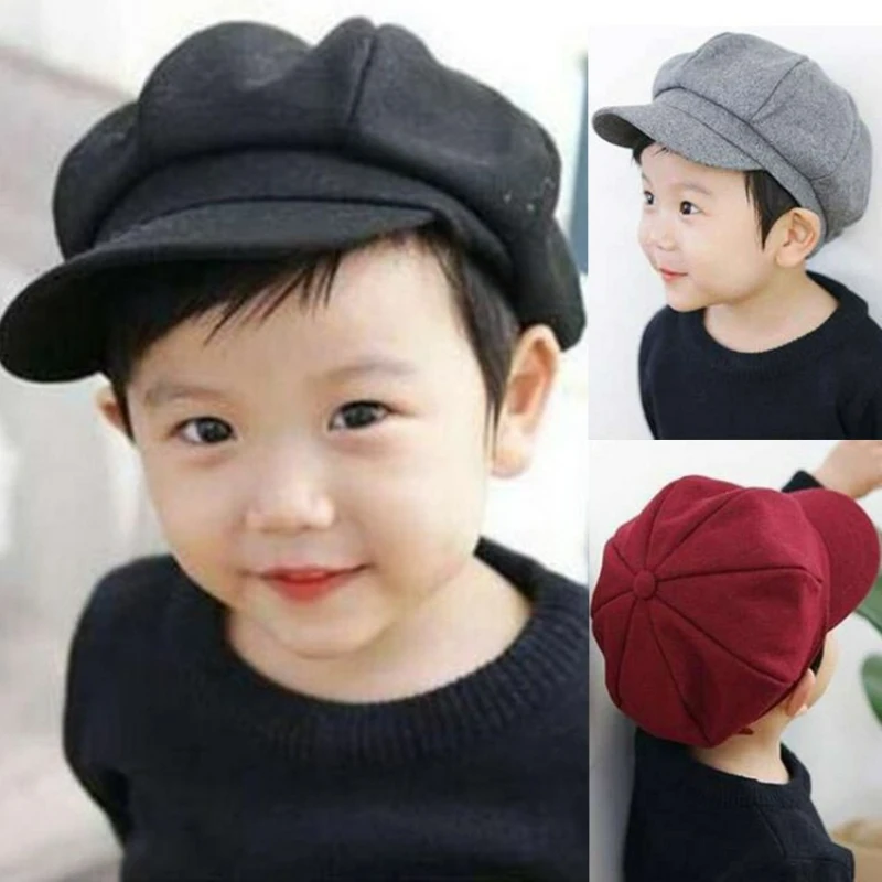 Achteckige Woll-Zeitungsjungenmütze im koreanischen Stil für Herbst und Winter, einfarbig, Unisex, Baby-Sonnenschutz, warm, winddicht, vielseitig Image