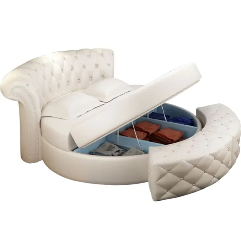 Rundes Bett, Doppelbett, Hochzeitsbett, moderne, einfache Prinzessin, rundes europäisches Paar, Lederkunstthema, Hotel, weiches Bett