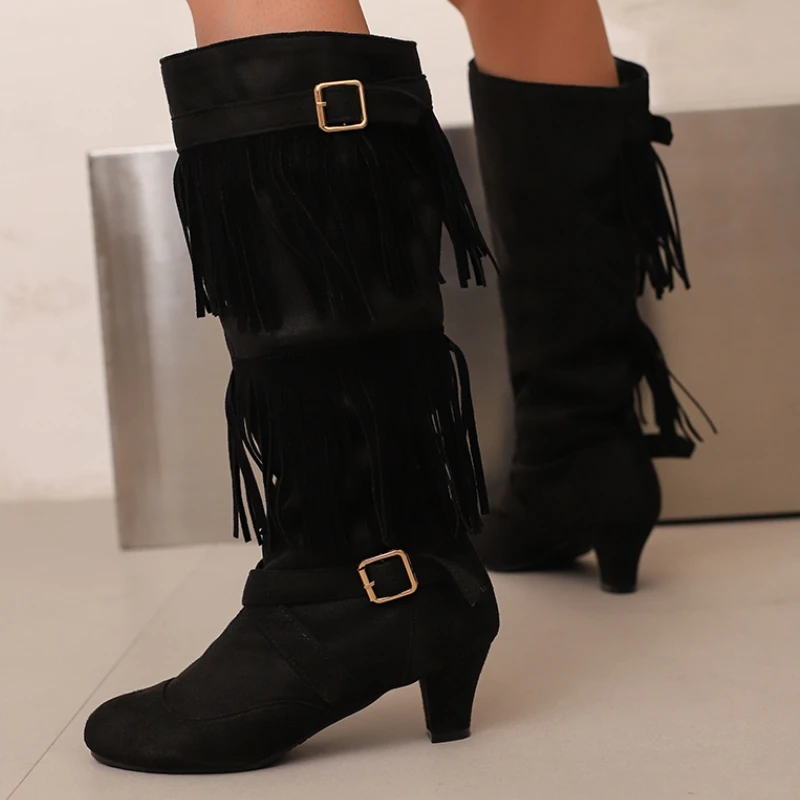 Kniehohe Stiefel für Damen, Schwarz, Rot, Flock, Quaste, modischer Stiefel, sexy Schnalle, niedrige Absätze, lange Schuhe, Schuhe für Damen, große Größe 45