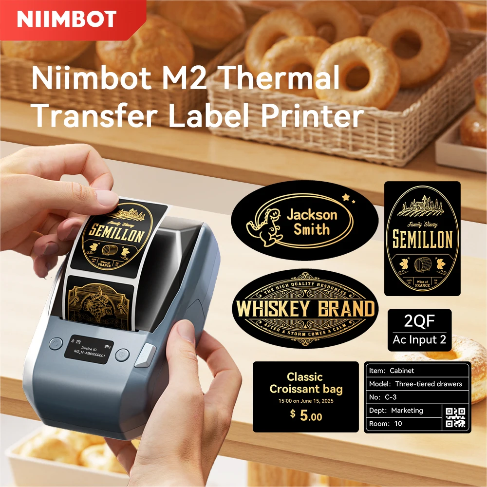 Niimbot M2 Thermotransfer-Etikettendrucker, goldenes/weißes Band und schwarze selbstklebende Weinflaschen-DIY-Etiketten für den Heimgebrauch Image