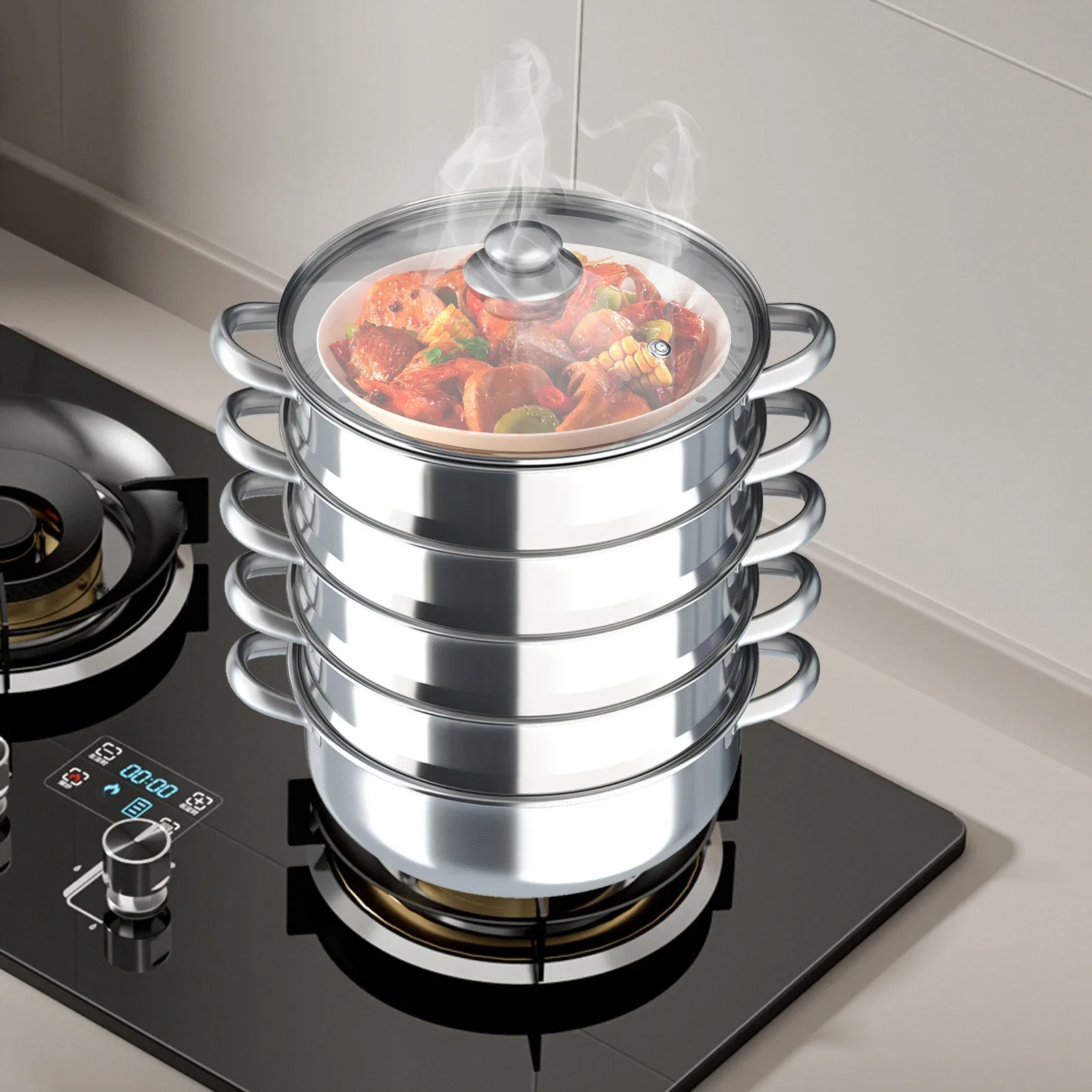 5-stöckiger Dampfgarer aus Edelstahl, 30 cm, mit bruchsicherem Glasdeckel und bequemem Griff, Dampfgarer-Kochgeschirr Image