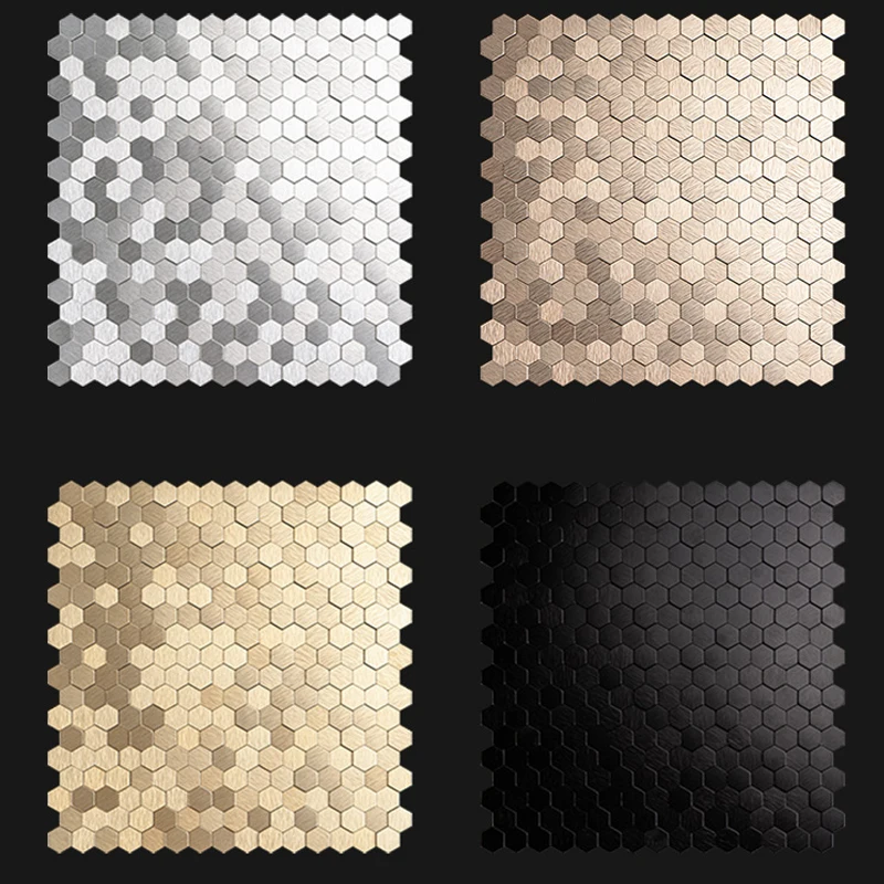 3D-Mosaik-Metall-Aluminium-Sechseck-Panel-Wandaufkleber, selbstklebend, goldfarben, abstrakt, wasserdicht, für Küche und Badezimmer, Fliesen, Wanddekoration