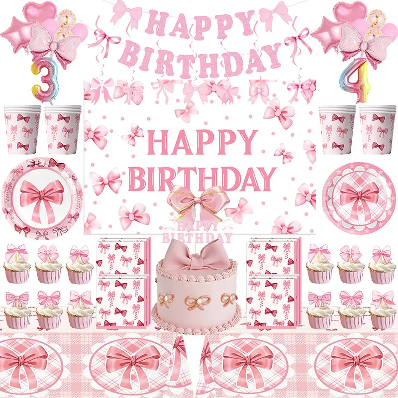 Fiocco rosa Decorazione festa di compleanno Stoviglie Tazze Piatti Tovaglioli Set di palloncini Borsa regalo Banner Cake Topper Ragazza Forniture per feste per bambini