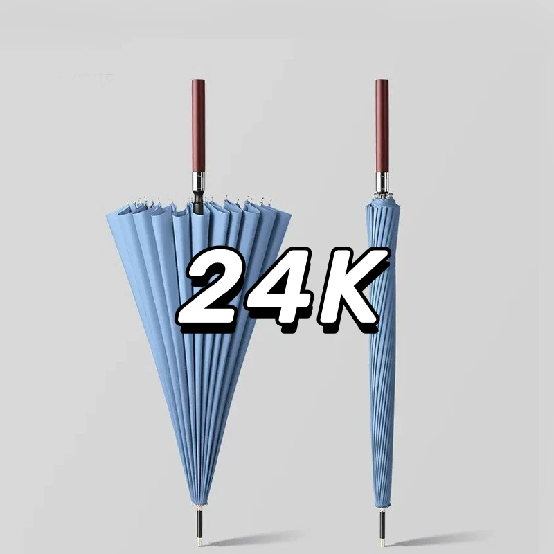 24-Knochen-Automatikschirm mit geradem Stange und Holzgriff, geeignet für Regen und Regen, großer Vintage-Doppelschirm Image