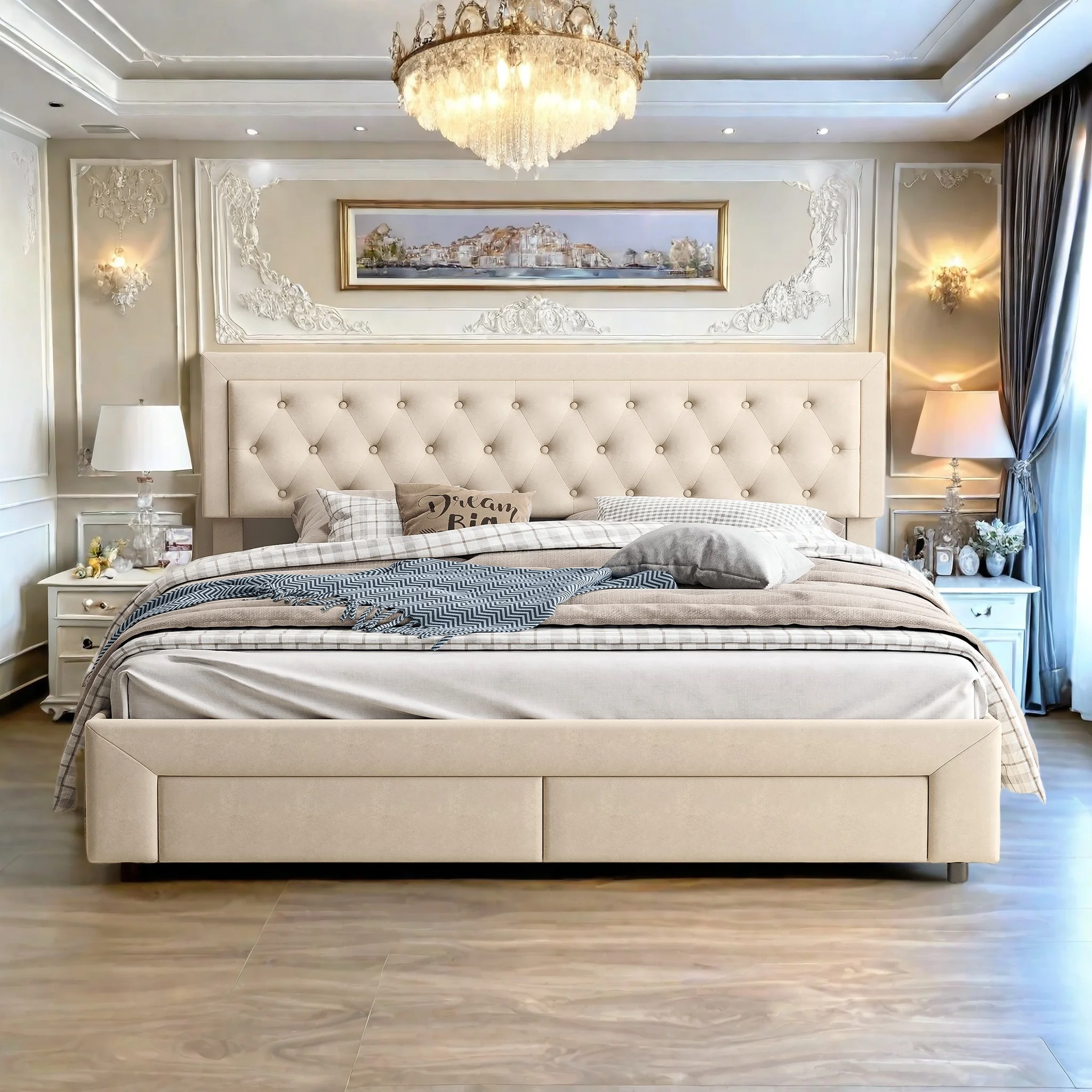 Gepolstertes Bettgestell 180x200 cm, hydraulisches Bettgestell, Stauraumbett mit Schublade, mit Kopfteil und Lattenrost, Samt, beige Image