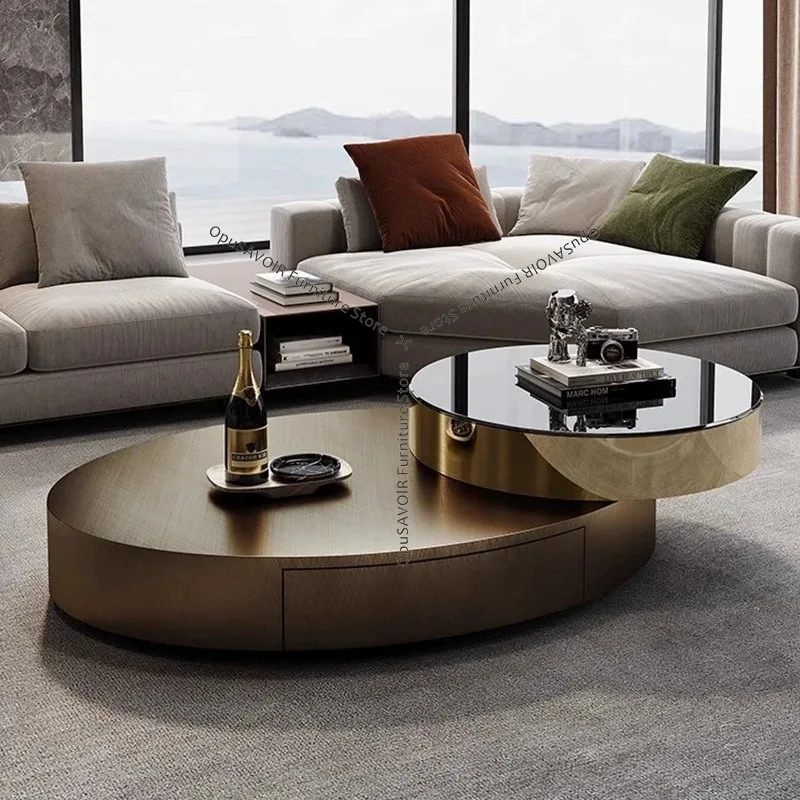 Italienische luxuriöse ovale Couchtische, modernes, minimalistisches, drehbares Couchtisch-Set in der Mitte, Wohnzimmermöbel aus Edelstahl FYCT