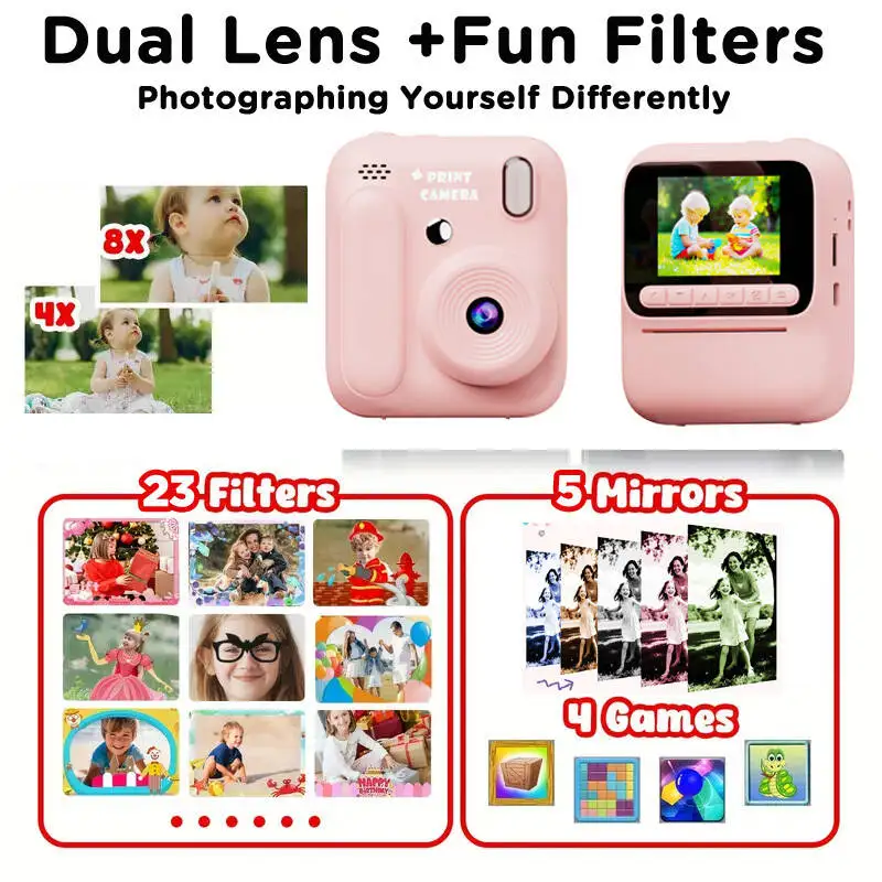 Fotocamera con stampa a colori Fotocamera istantanea per bambini 32GB 1080P Stampa termica Fotocamera digitale Stampa Foto Videogiochi Musica Regalo per bambini
