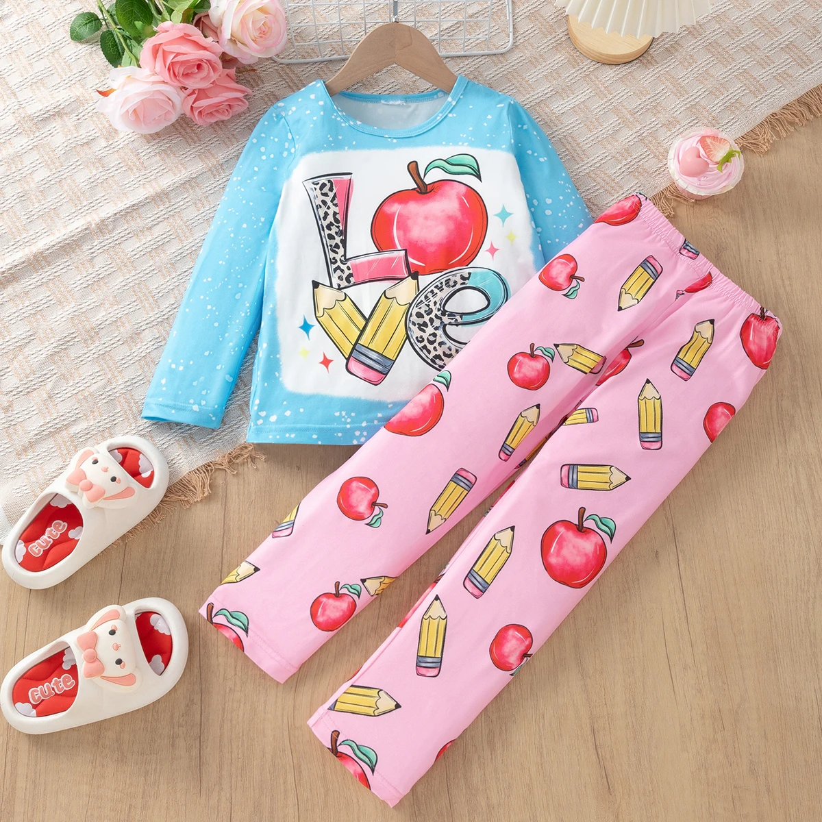 Mädchen Frühling Herbst Casual Obst Englisch Drucken Zwei-Stück Set Nette kinder Kleidung Outfit für Mädchen Image
