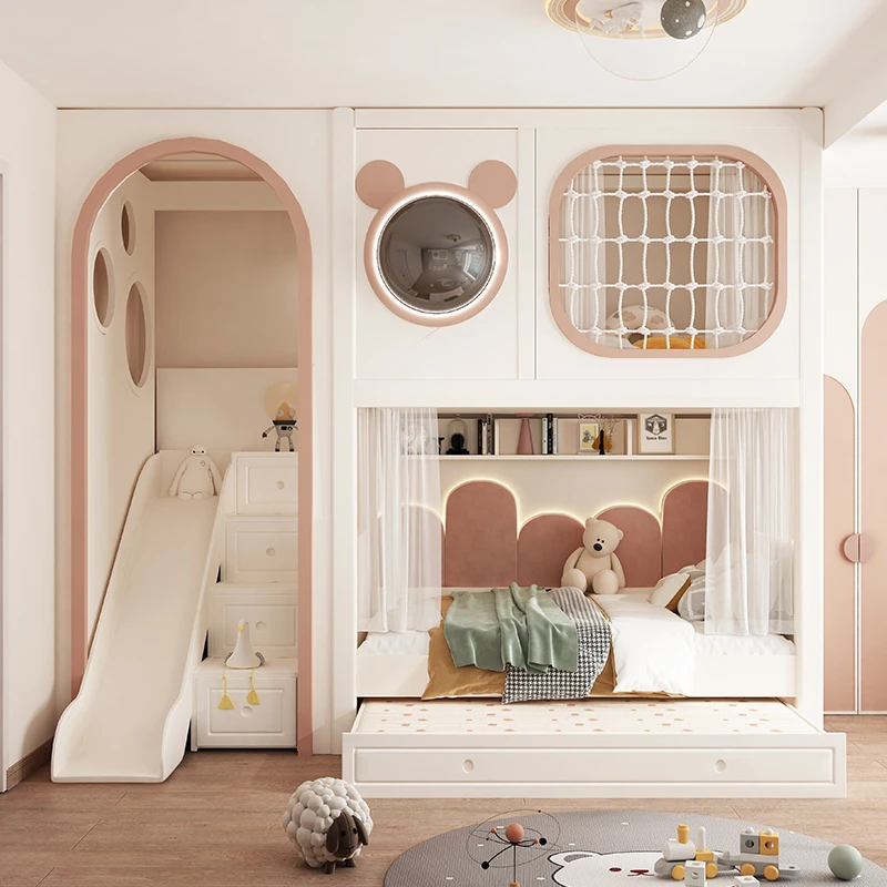 Vollständige obere und untere Betten aus Massivholz, Etagenbetten, Mickey-Kinderbett, Prinzessinnenbett für Mädchen, kleine Wohnung, Bett aus Schloss, Baumhaus, weiß Image