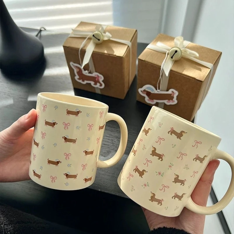 Niedliche Cartoon-Welpenbecher mit hohem Erscheinungsbild, niedliche cremefarbene Keramiktasse, modische Keramik-Wassertasse, Frühstückstasse, Kaffeetasse, Geschenk Image