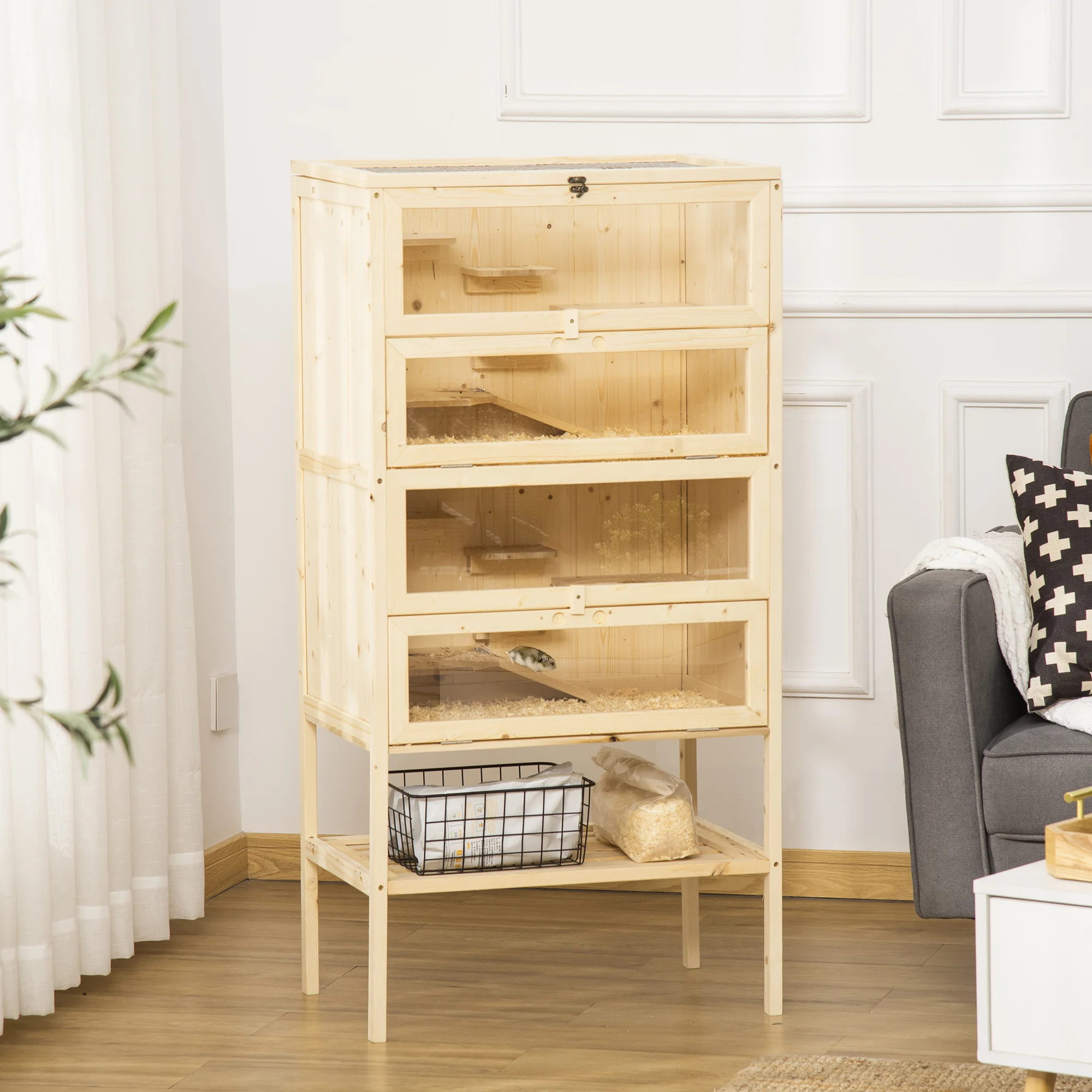 PawHut Hamsterkäfig aus Holz 5 Etagen Nagarium Nagerkäfig Kleintierkäfig mit Gitterdach Rampen, Holzkäfig Mäusekäfig groß Käfig Image