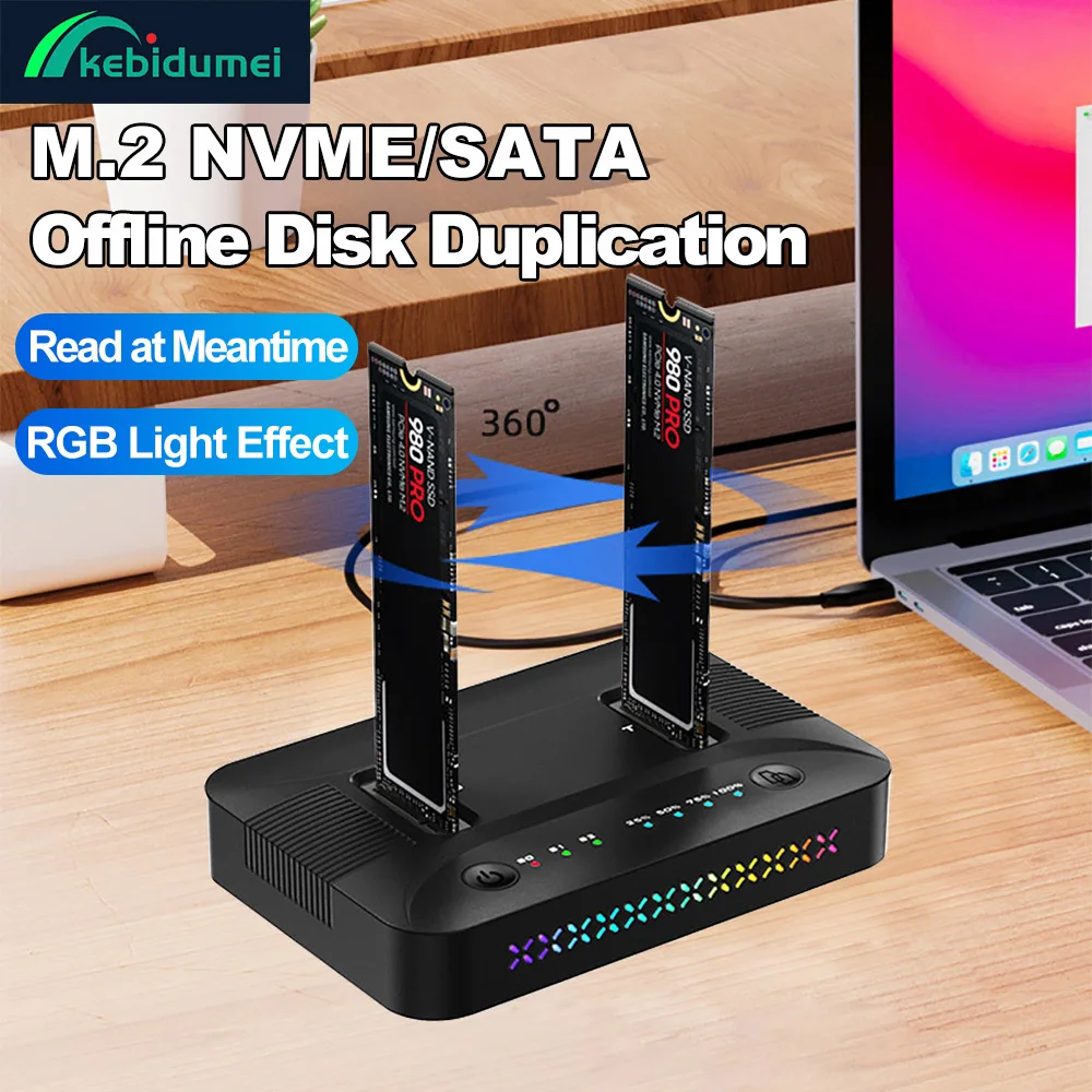 Dual-Bay M.2 NVME SATA SSD Klon-Dockingstation 10 Gbit/s USB 3.2 GEN2 SSD OFFline-Festplatten-Duplikator RGB-Lichteffekt-SSD-Gehäuse Image