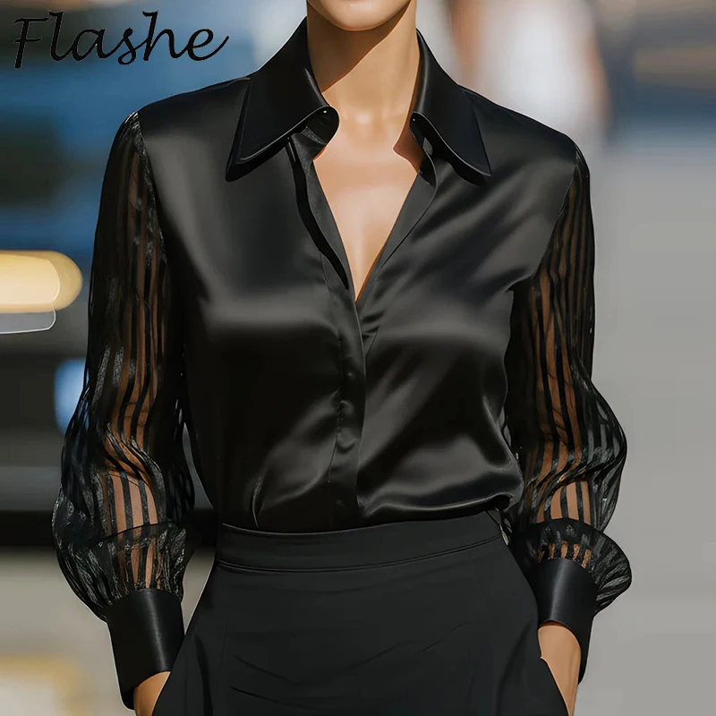 Camicia di seta a maniche lunghe da donna alla moda Camicetta nera con colletto rovesciato Camicetta da ufficio da donna Camicia in raso con maniche trasparenti in rete