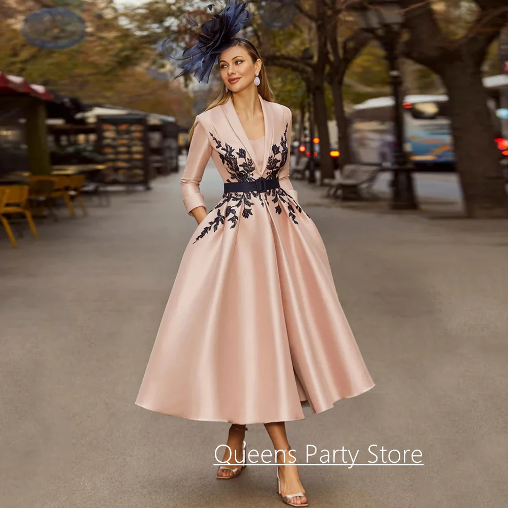 Mother of The Bride Dress with Jacket Customized V Neck 3/4 Sleeves Black Applique Tea Length Wedding Guest Gown for Mom