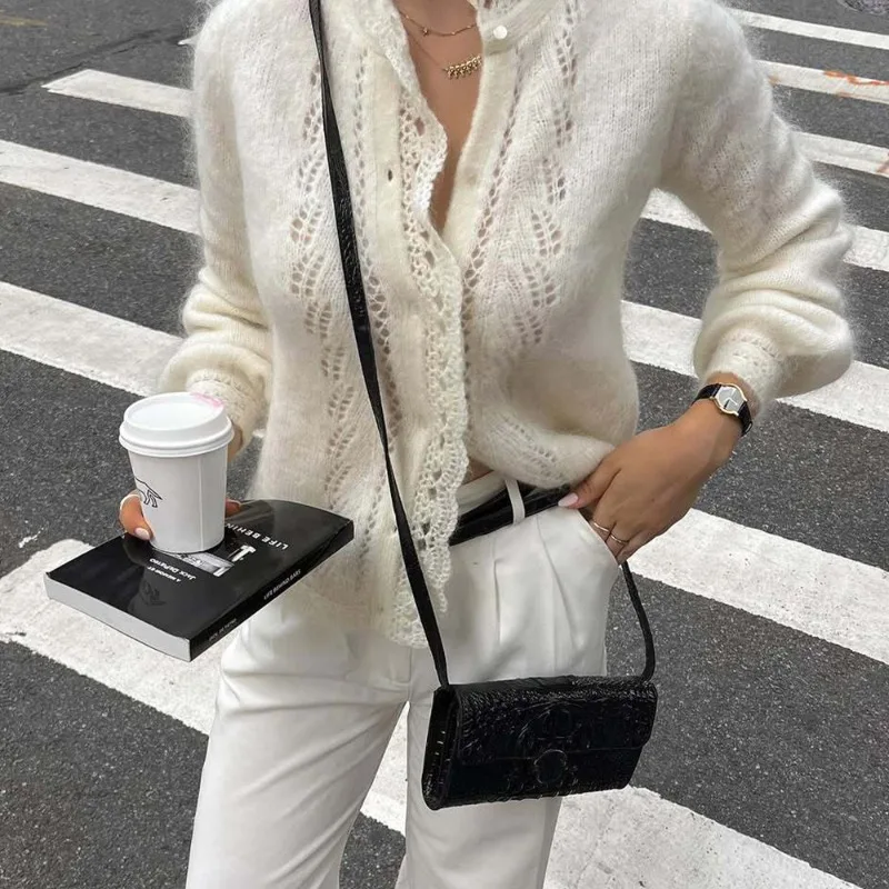 Tuularose frauen Weiße Strickjacke Mode Hohle Spitze Patchwork Lose Pullover Elegante Neue Büro Grundlegende Herbst Weibliche Strickjacke