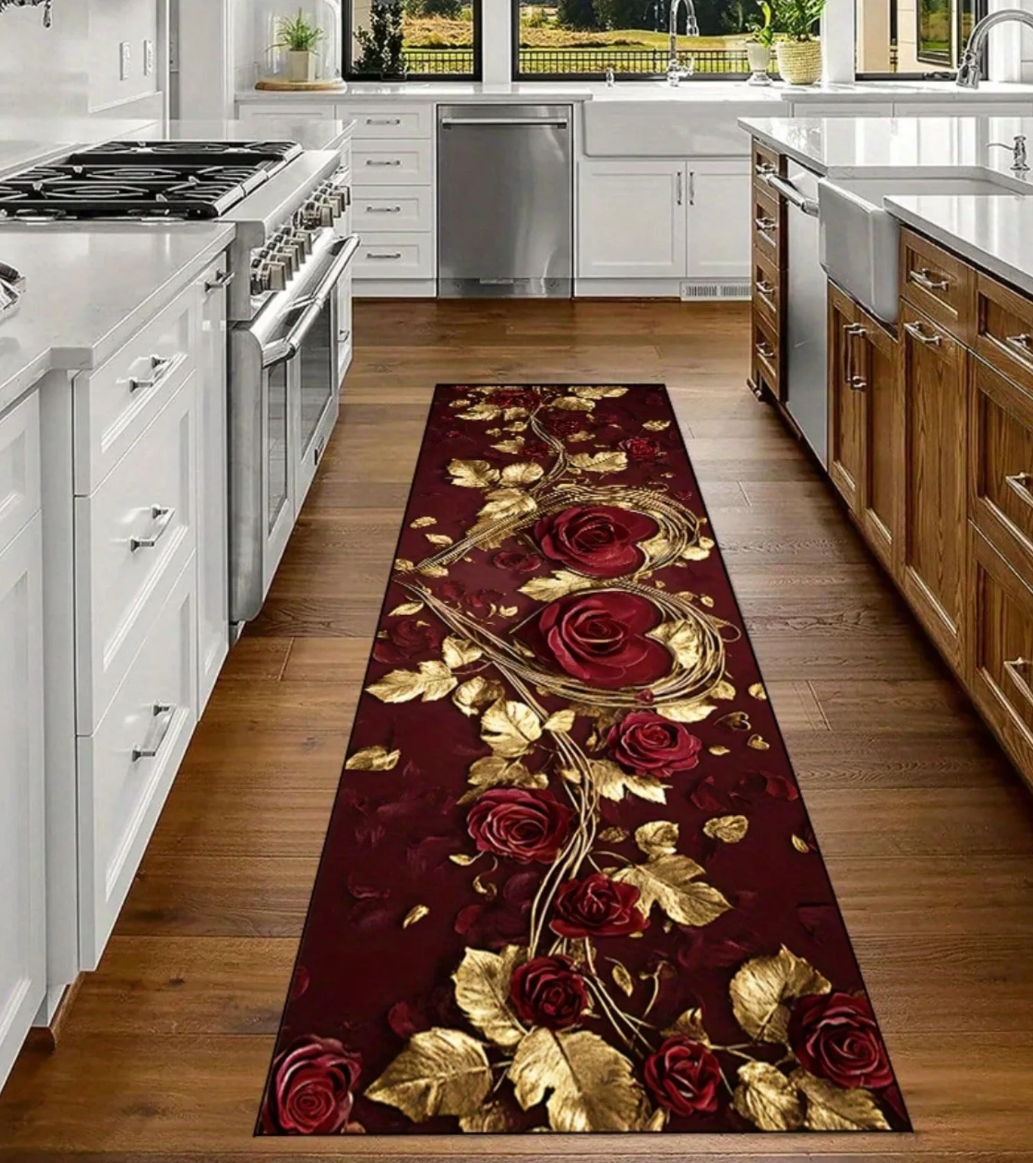 Langer Läuferteppich mit Blumenmuster, Rosemuster, Rotgold, Vintage-Stil, Matte, rutschfest, langlebig, für Flur, Küche, Wohnzimmer, Heimdekoration Image