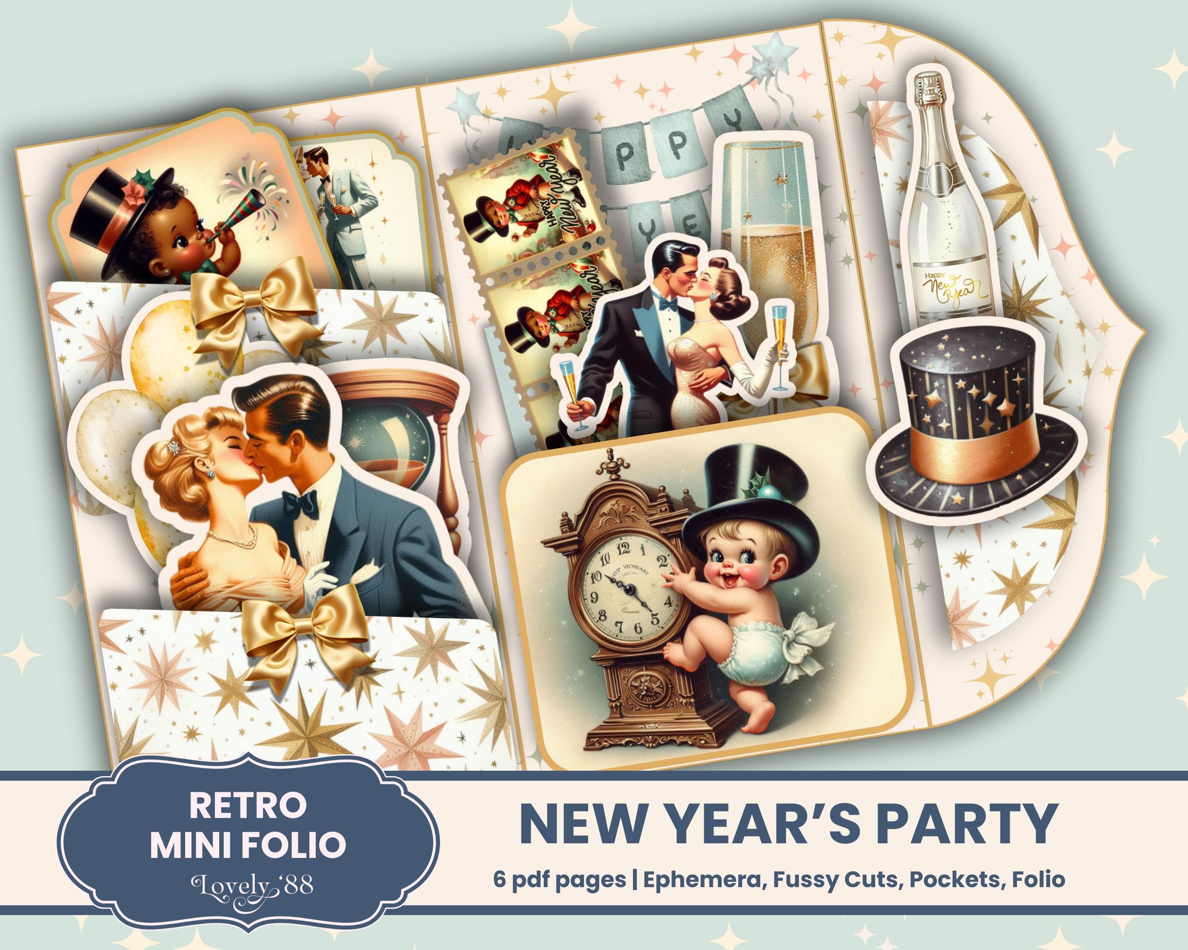 Kit per diario di Capodanno / Junk Journal / Ephemera, Fussy Cuts, Tasche, Mini-folio